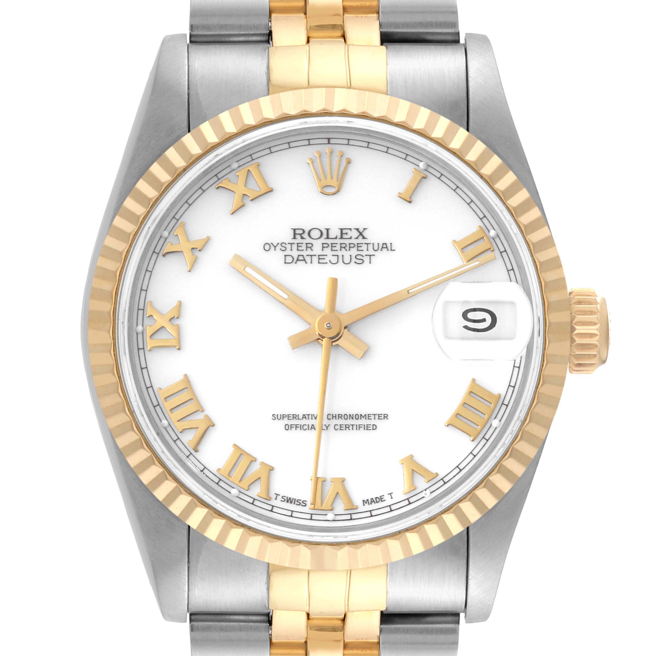 The image shows a front view of a Rolex Mid-Size 68273 Women's Steel and Gold (two tone) White Dial 68273 Women's Steel and Gold (two tone) White Dial Datejust watch, displaying its face, bezel, and part of the bracelet.