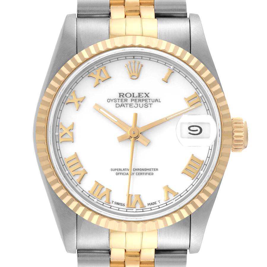 Rolex Datejust Midsize White Roman Dial Steel Yellow Gold Ladies Watch 68273 SwissWatchExpo