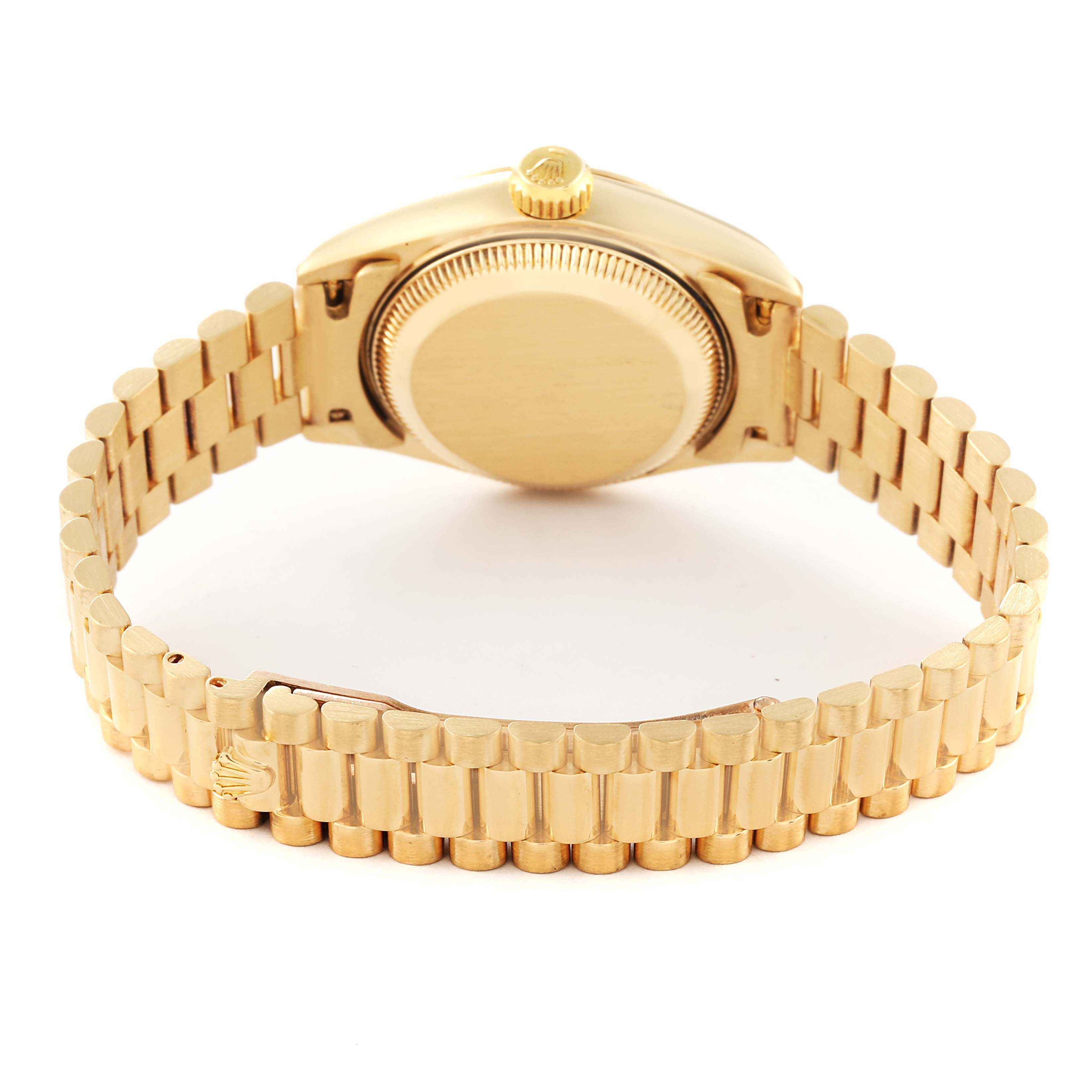 This image shows the back view of a Rolex President 69178 Women
s Yellow Gold Champagne Dial 69178 Women
s Yellow Gold Champagne Dial model watch, highlighting the case back and the gold bracelet.