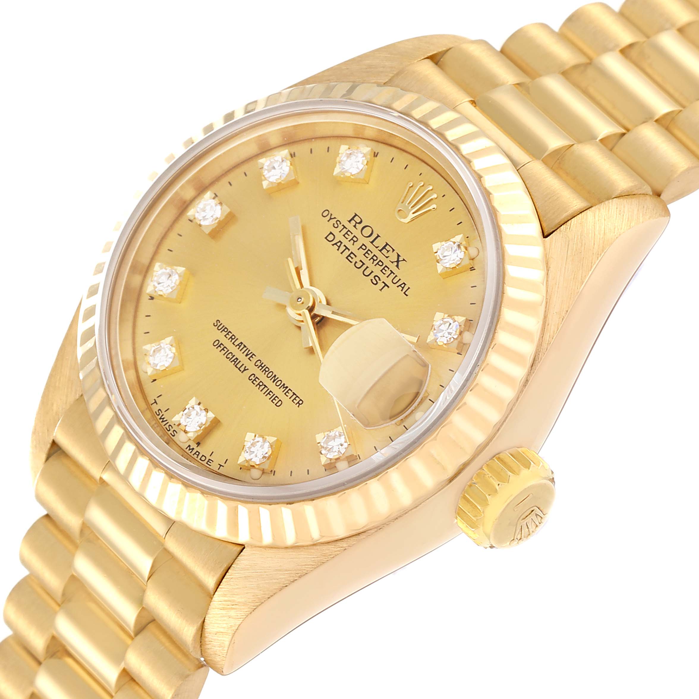 This image shows a close-up, angled view of the Rolex President 69178 Women
s Yellow Gold Champagne Dial 69178 Women
s Yellow Gold Champagne Dial Datejust watch, featuring its dial, crown, bezel, and bracelet.