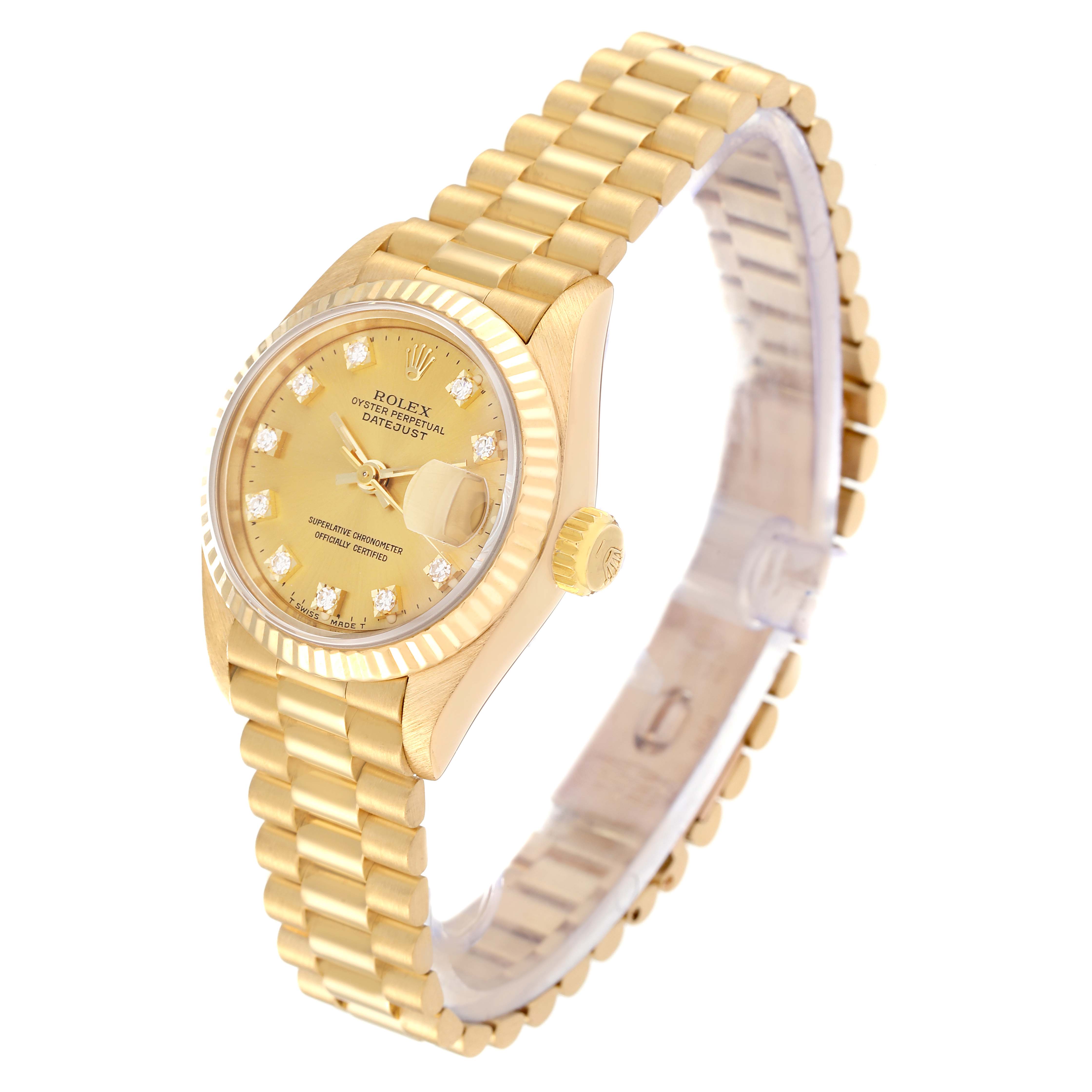This image shows a side-angle view of the Rolex President 69178 Women
s Yellow Gold Champagne Dial 69178 Women
s Yellow Gold Champagne Dial model, highlighting the gold case, bracelet, and dial with diamond hour markers.