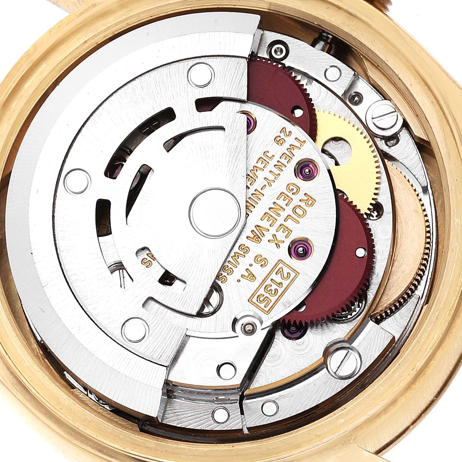 The image shows a close-up of the movement mechanism of the Rolex President 69178 Women
s Yellow Gold Champagne Dial 69178 Women
s Yellow Gold Champagne Dial model watch.