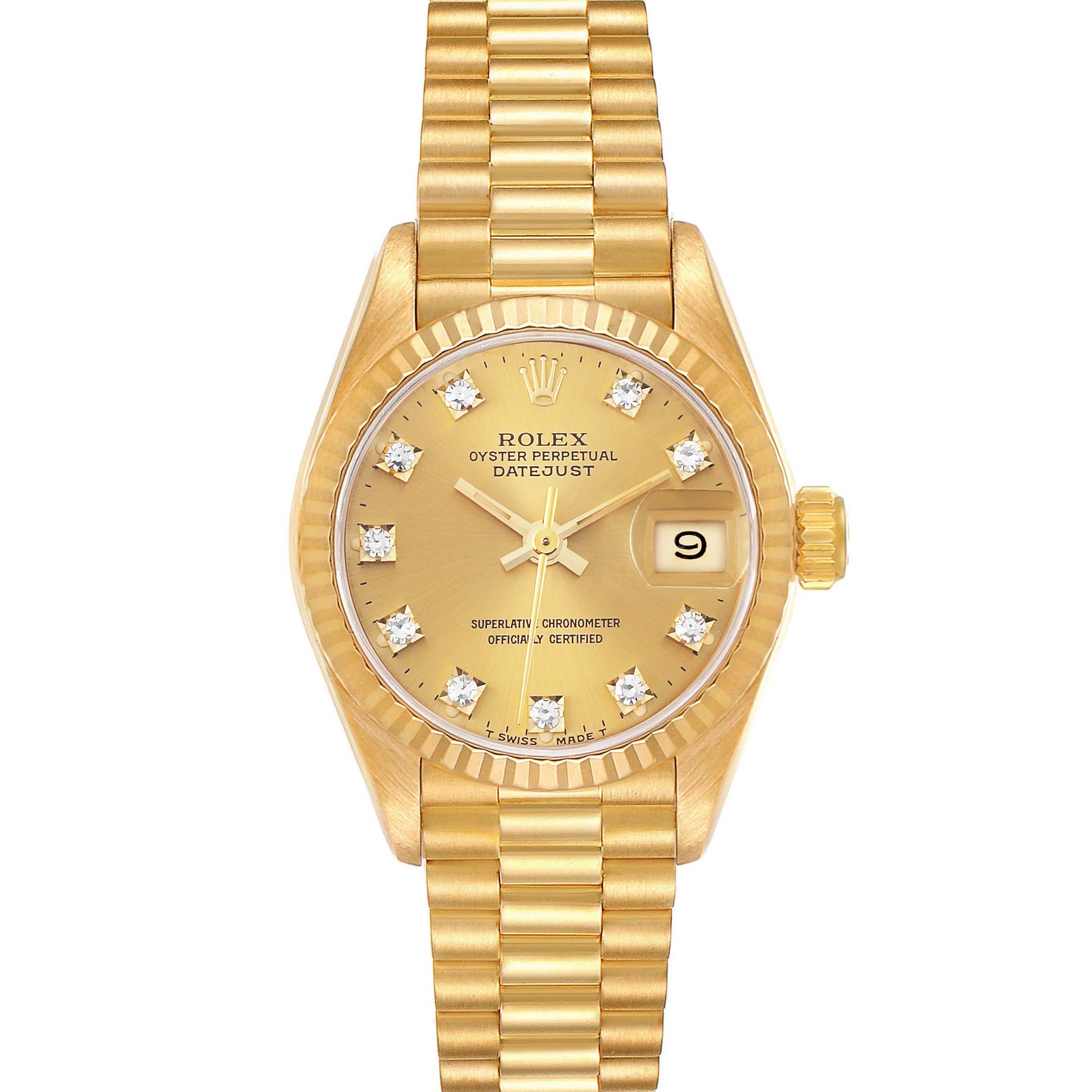 This image shows a front view of the Rolex President 69178 Women
s Yellow Gold Champagne Dial 69178 Women
s Yellow Gold Champagne Dial model watch, highlighting its gold bracelet, dial, and date display.