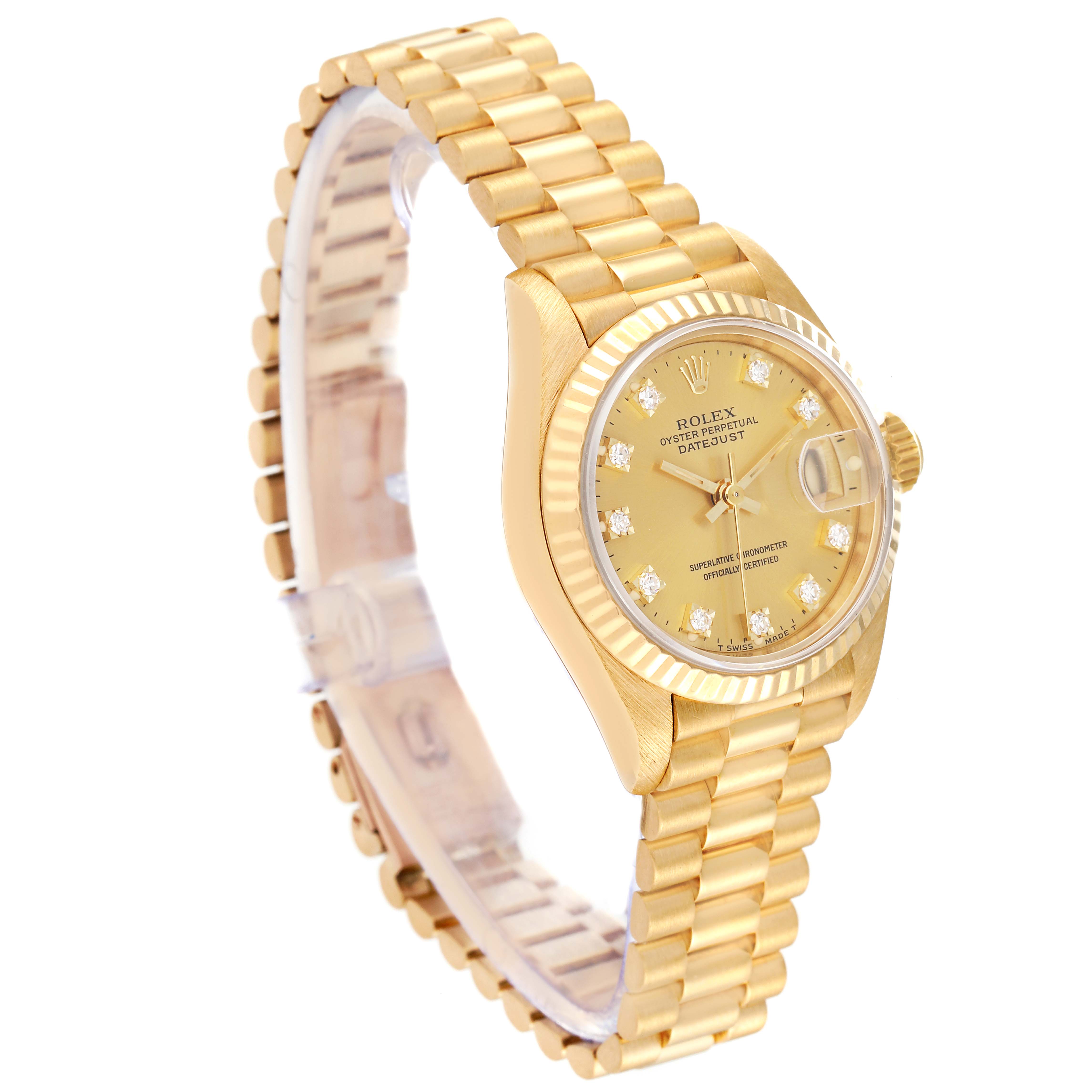 The image shows a gold Rolex President 69178 Women
s Yellow Gold Champagne Dial 69178 Women
s Yellow Gold Champagne Dial model watch at a side angle, highlighting its dial, bezel, bracelet, and crown.