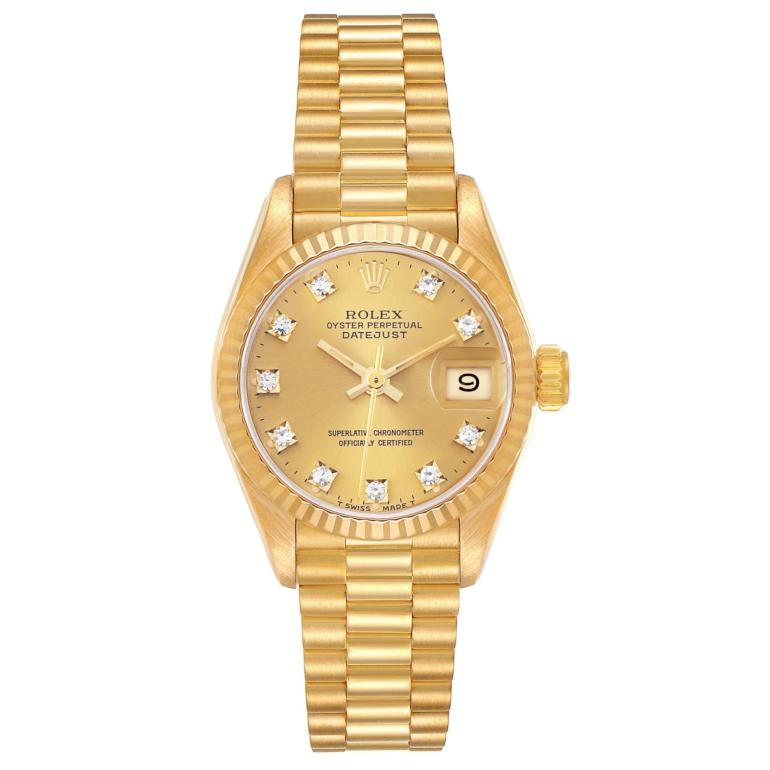 This is a front view of the Rolex President 69178 Women
s Yellow Gold Champagne Dial 69178 Women
s Yellow Gold Champagne Dial model watch, showing the dial, crown, and bracelet.