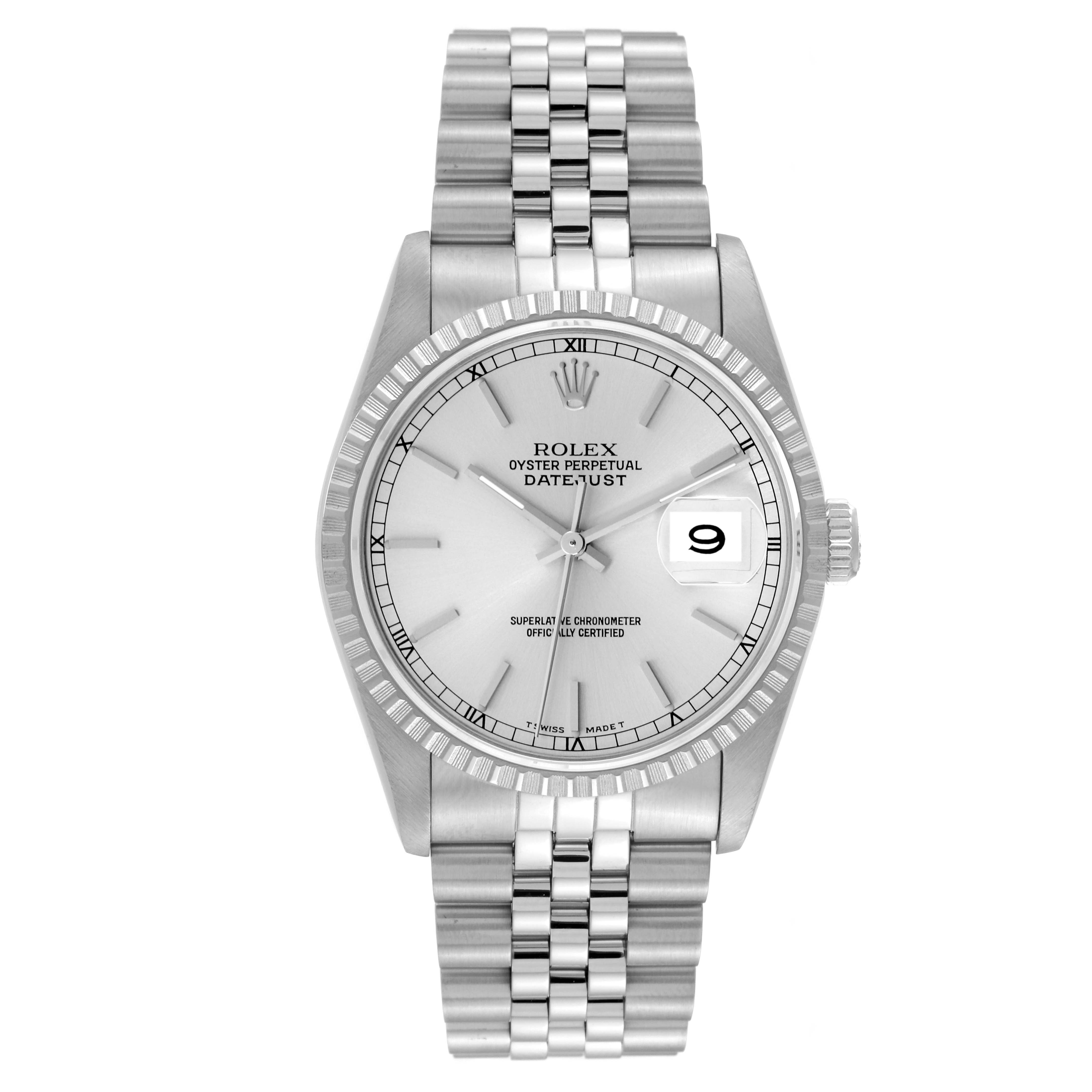 This image shows a frontal view of the Rolex Datejust 16220 Men's Stainless Steel Silver Dial 16220 Men's Stainless Steel Silver Dial watch, highlighting the dial, bezel, crown, and Jubilee bracelet.