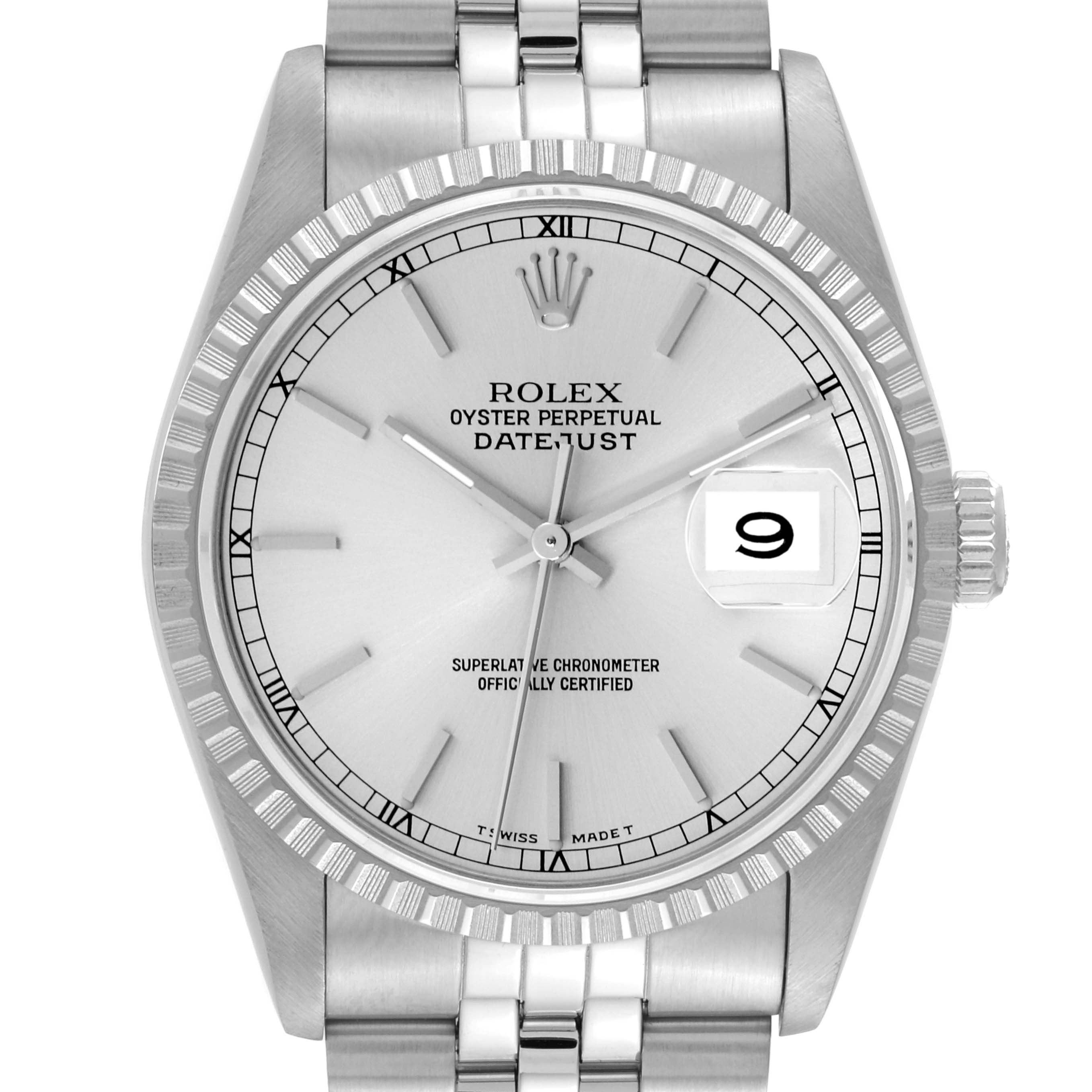 This image shows a front view of the Rolex Datejust 16220 Men's Stainless Steel Silver Dial 16220 Men's Stainless Steel Silver Dial watch, highlighting the dial, bezel, and bracelet.