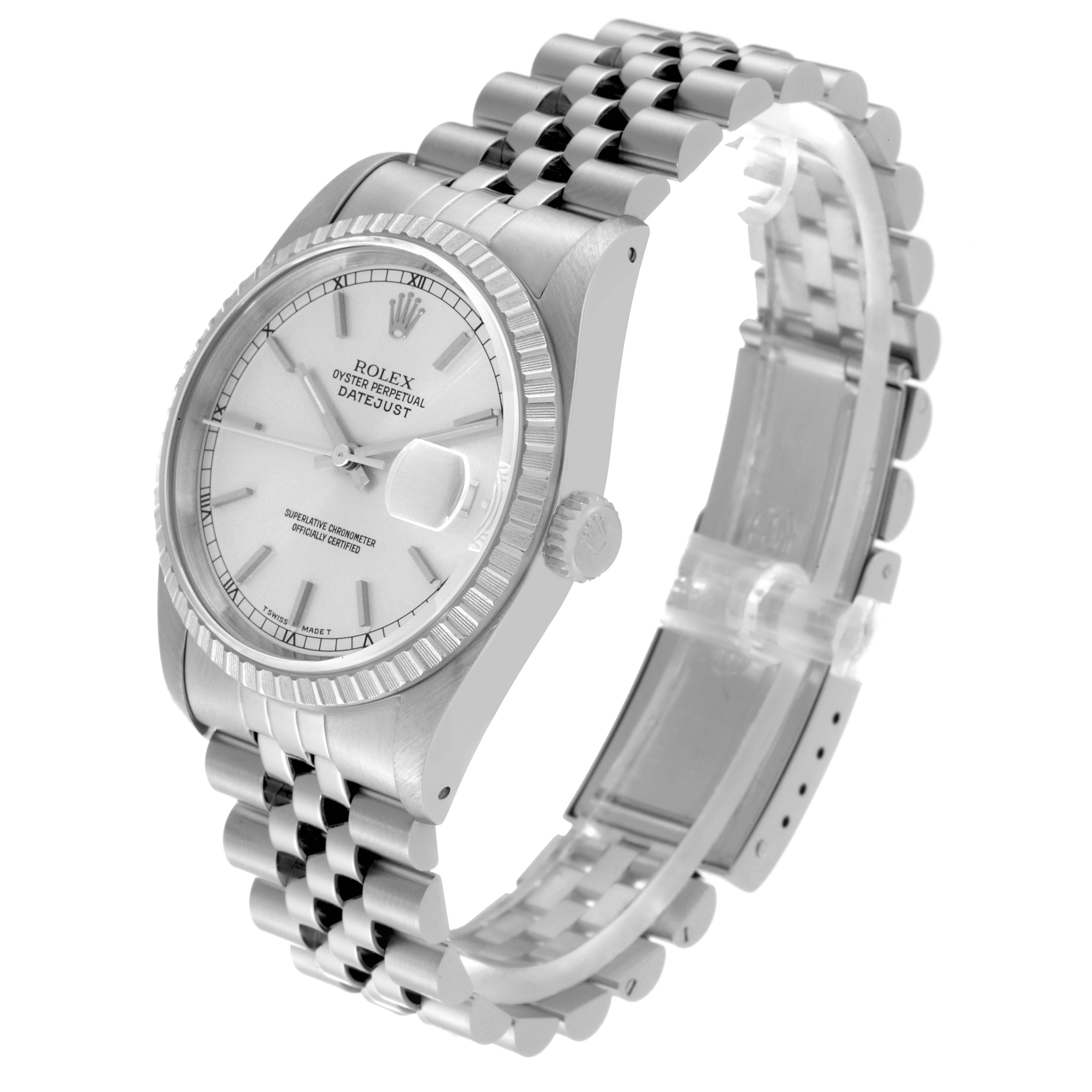 This image shows a Rolex Datejust 16220 Men's Stainless Steel Silver Dial 16220 Men's Stainless Steel Silver Dial watch at an angled side view, highlighting the face, bezel, crown, and bracelet.