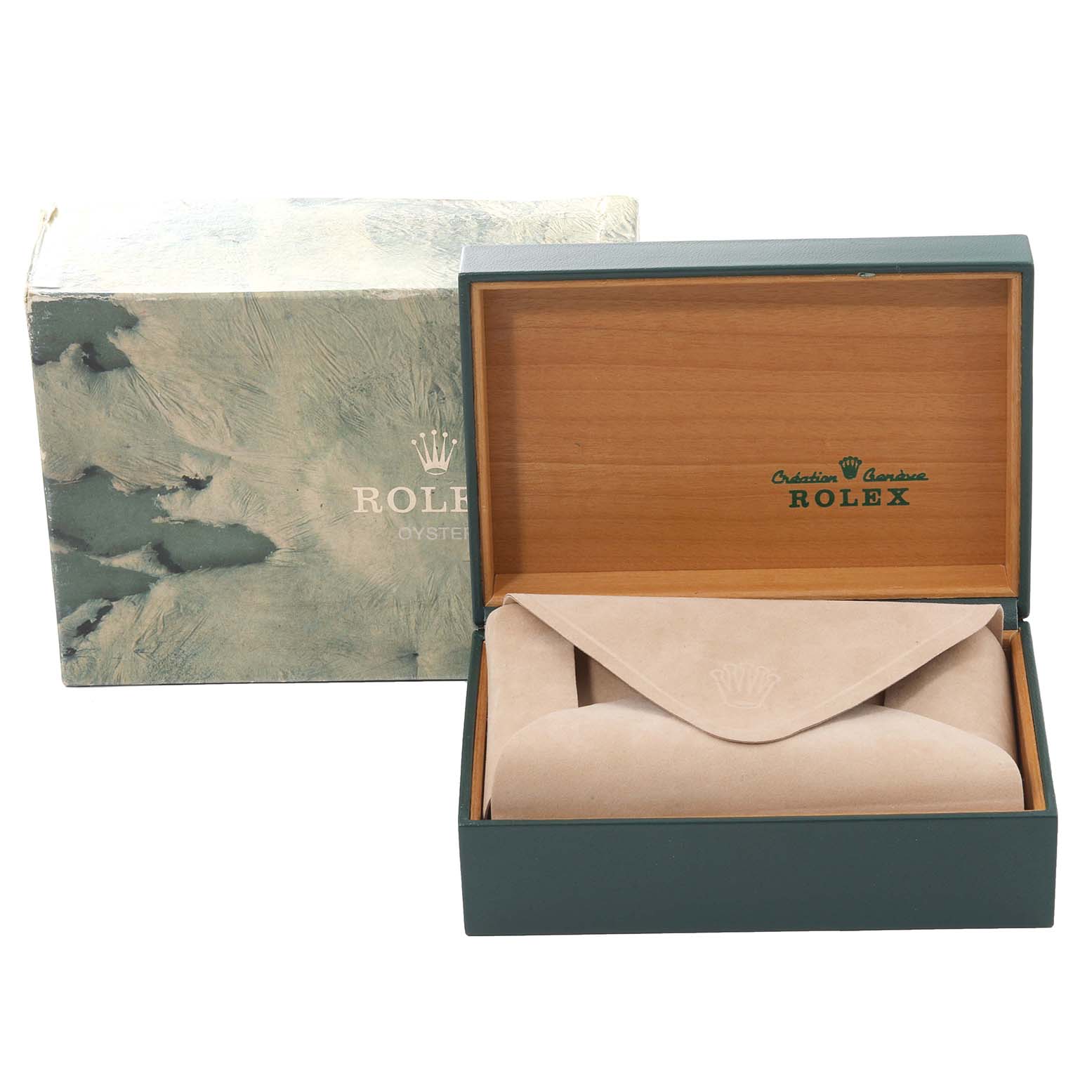 The image shows the open box, protective pouch, and outer packaging of a Rolex Datejust 16220 Men's Stainless Steel Silver Dial 16220 Men's Stainless Steel Silver Dial watch.