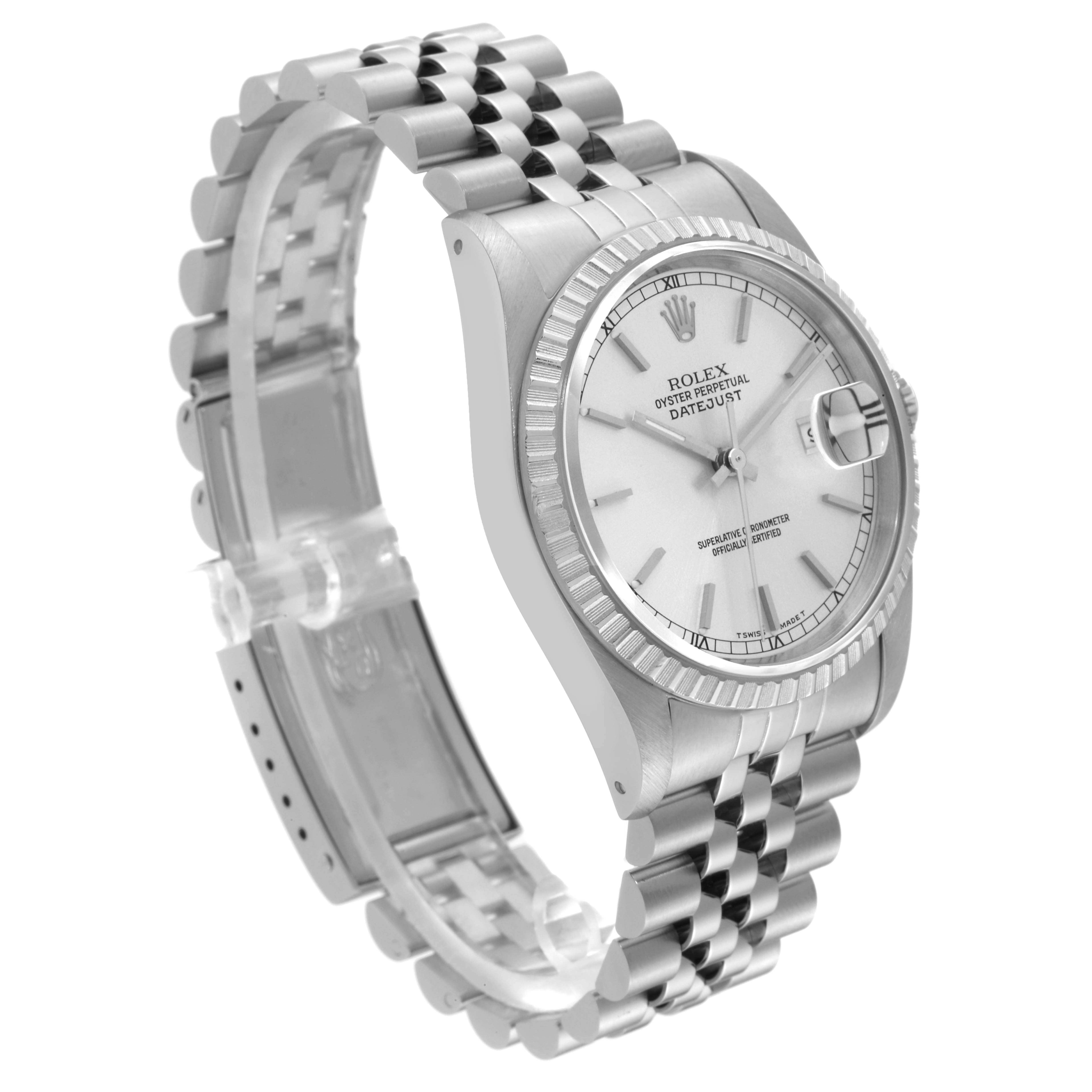 The Rolex Datejust 16220 Men's Stainless Steel Silver Dial 16220 Men's Stainless Steel Silver Dial watch is shown from a side angle, highlighting the case, bezel, dial, and bracelet.
