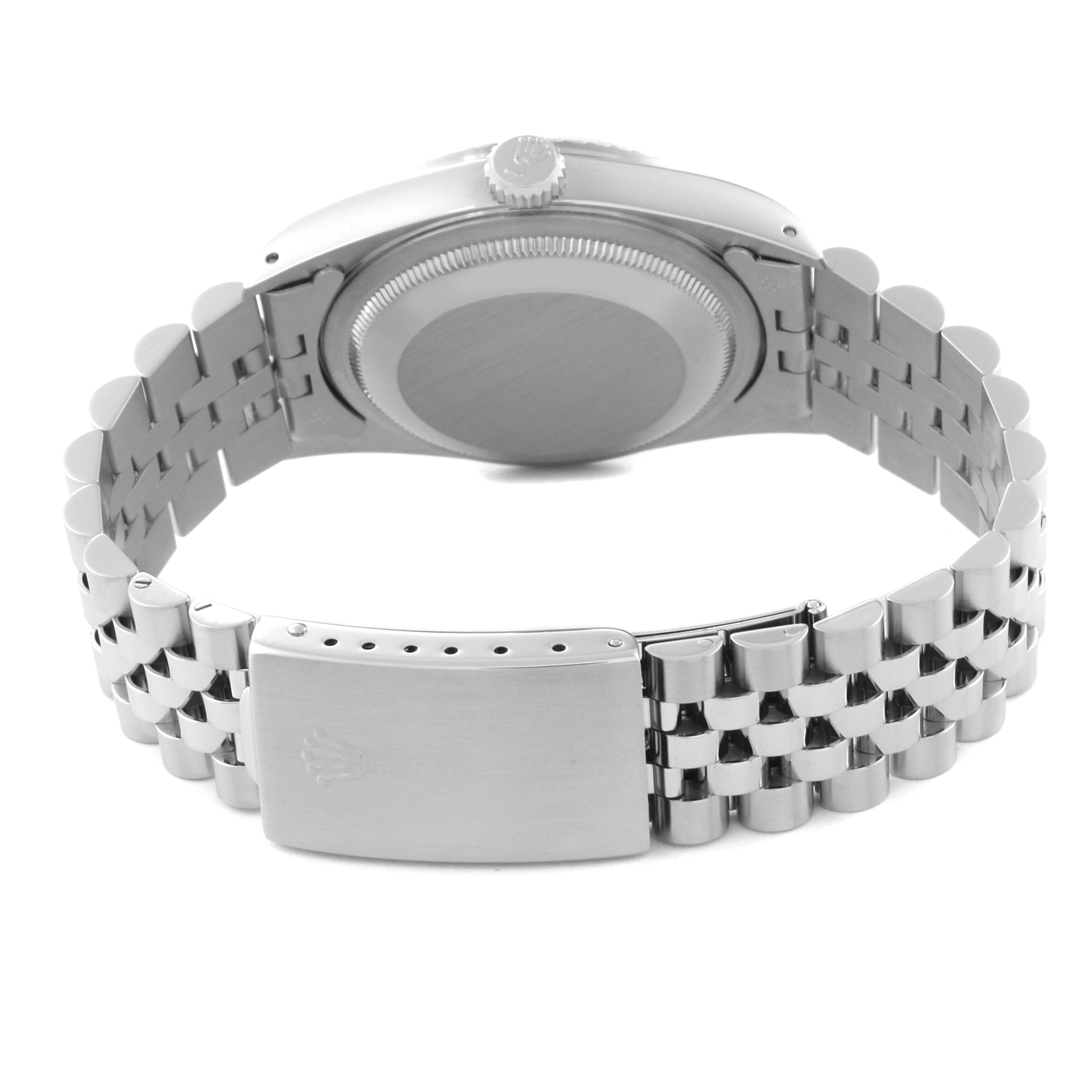 The image shows the back and clasp of a Rolex Datejust 16220 Men's Stainless Steel Silver Dial 16220 Men's Stainless Steel Silver Dial watch, highlighting its jubilee bracelet.