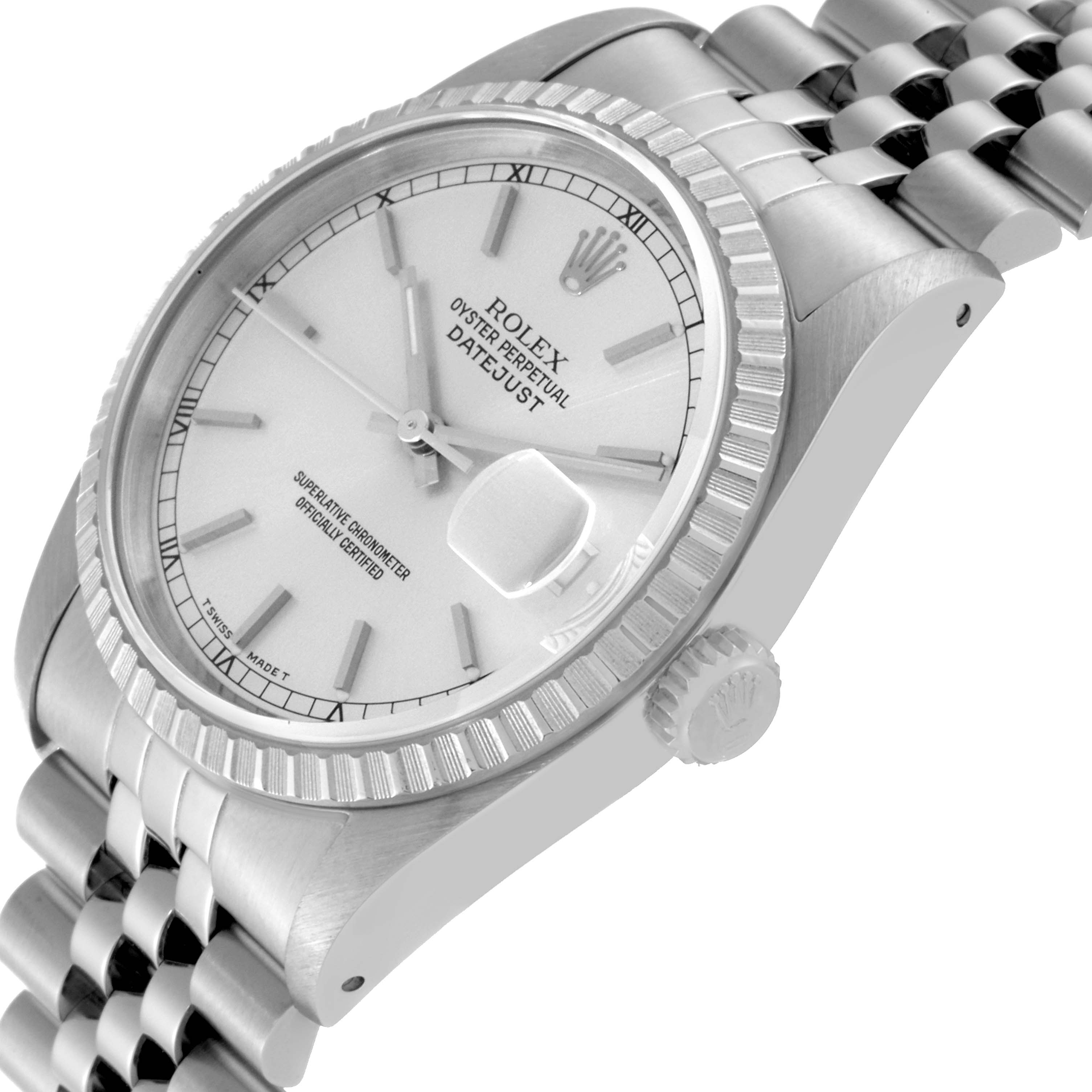 This image shows a diagonal view of a Rolex Datejust 16220 Men's Stainless Steel Silver Dial 16220 Men's Stainless Steel Silver Dial watch, highlighting the dial, bezel, crown, and part of the bracelet.
