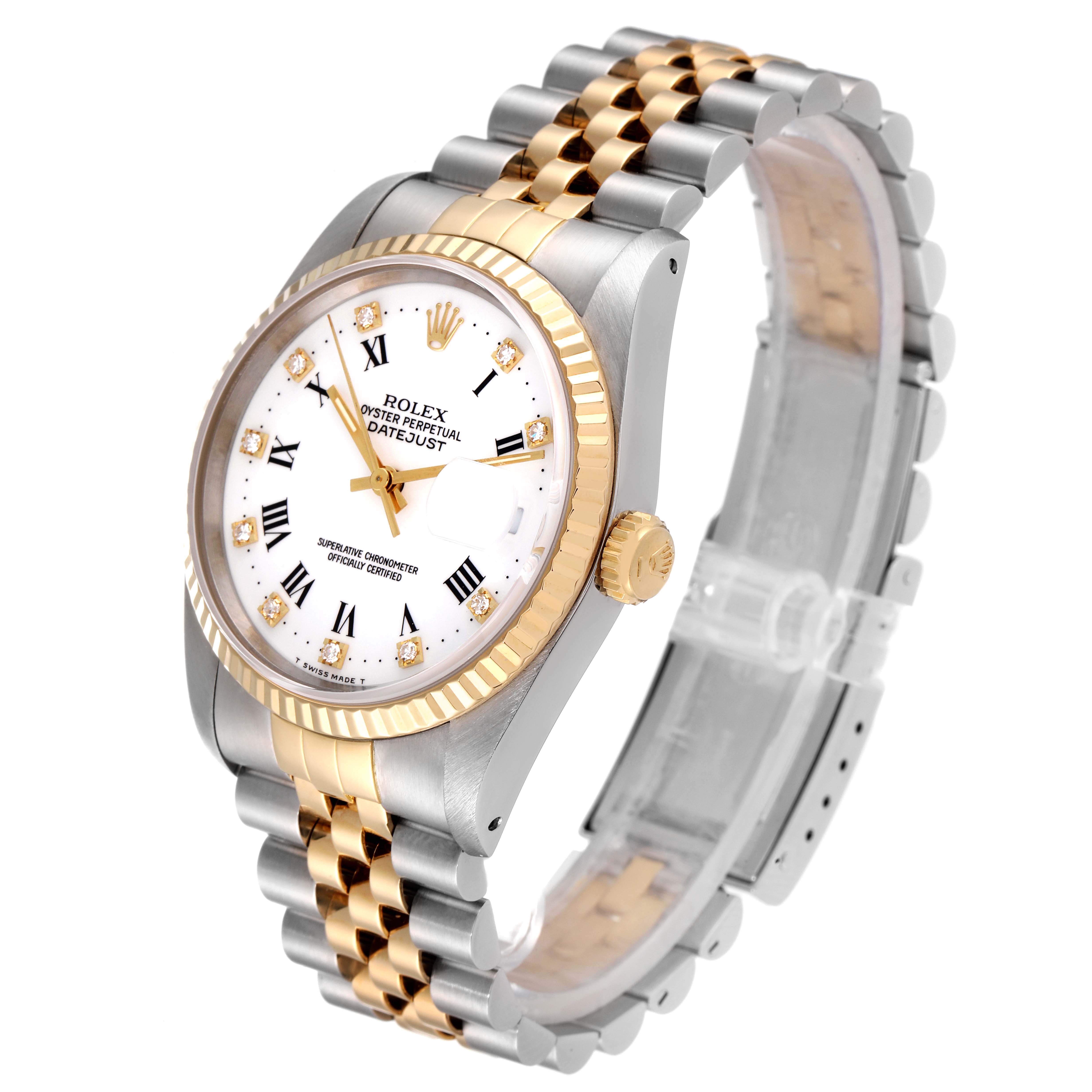 The image shows a Rolex Datejust 16233 Men's Steel and Gold (two tone) White Dial 16233 Men's Steel and Gold (two tone) White Dial watch from a front angle, highlighting its dial, bezel, and two-tone bracelet.