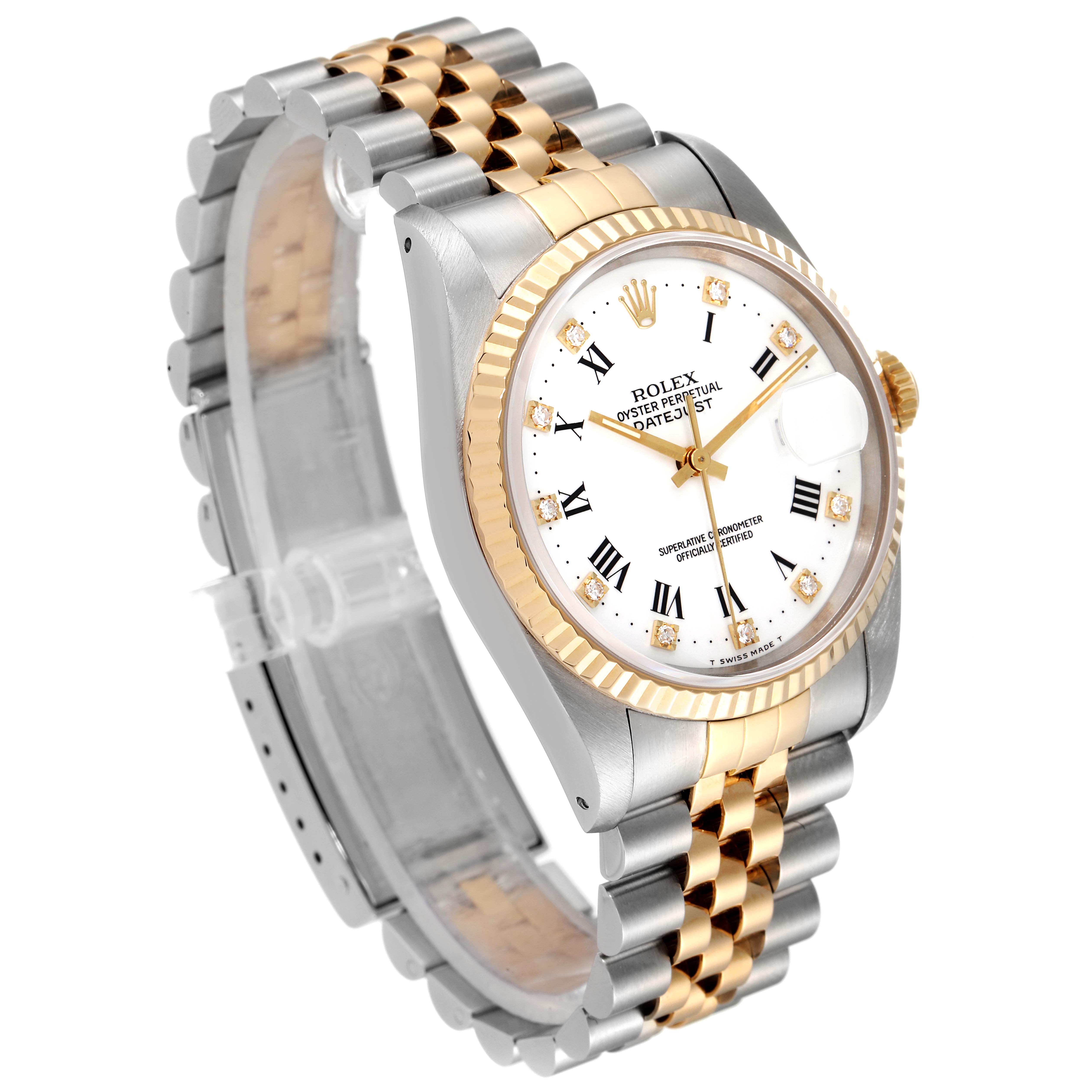 The image shows a Rolex Datejust 16233 Men's Steel and Gold (two tone) White Dial 16233 Men's Steel and Gold (two tone) White Dial watch angled to display the dial, fluted bezel, and two-tone Jubilee bracelet.