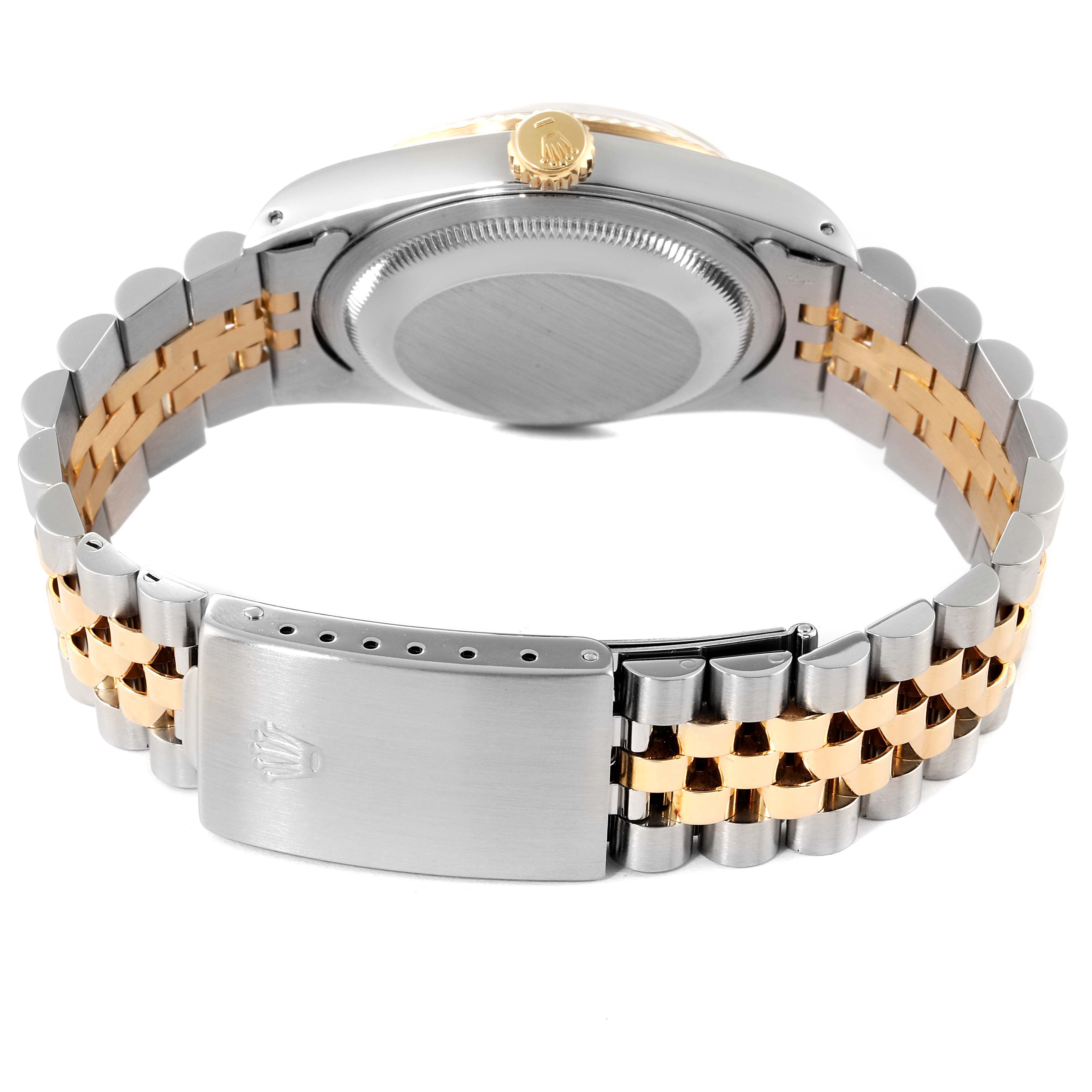 The image shows the back view of a Rolex Datejust 16233 Men's Steel and Gold (two tone) White Dial 16233 Men's Steel and Gold (two tone) White Dial watch, highlighting the case back, crown, and two-tone bracelet with a clasp.
