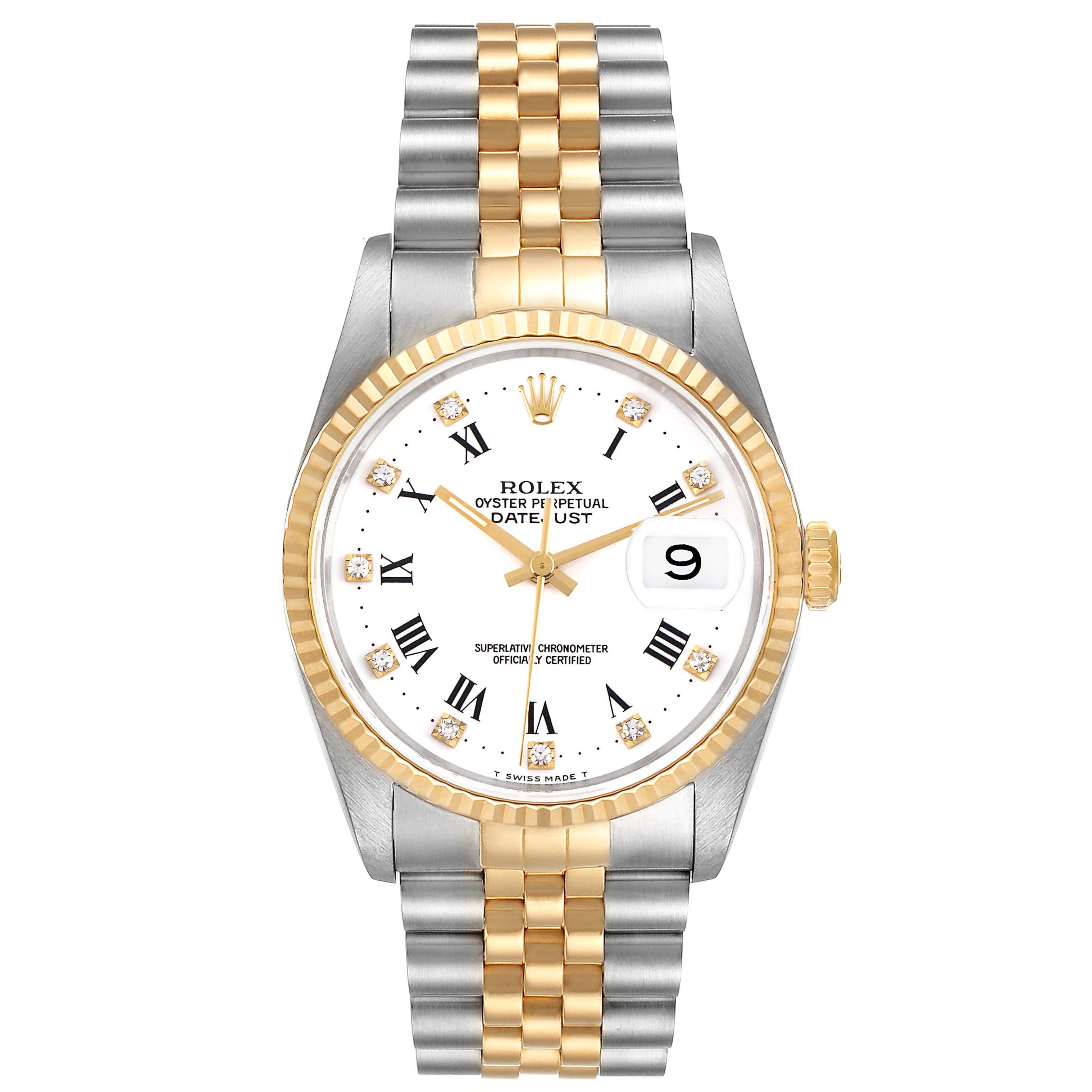 The image shows a front view of a Rolex Datejust 16233 Men's Steel and Gold (two tone) White Dial 16233 Men's Steel and Gold (two tone) White Dial watch, highlighting the dial, bezel, crown, and Jubilee bracelet.