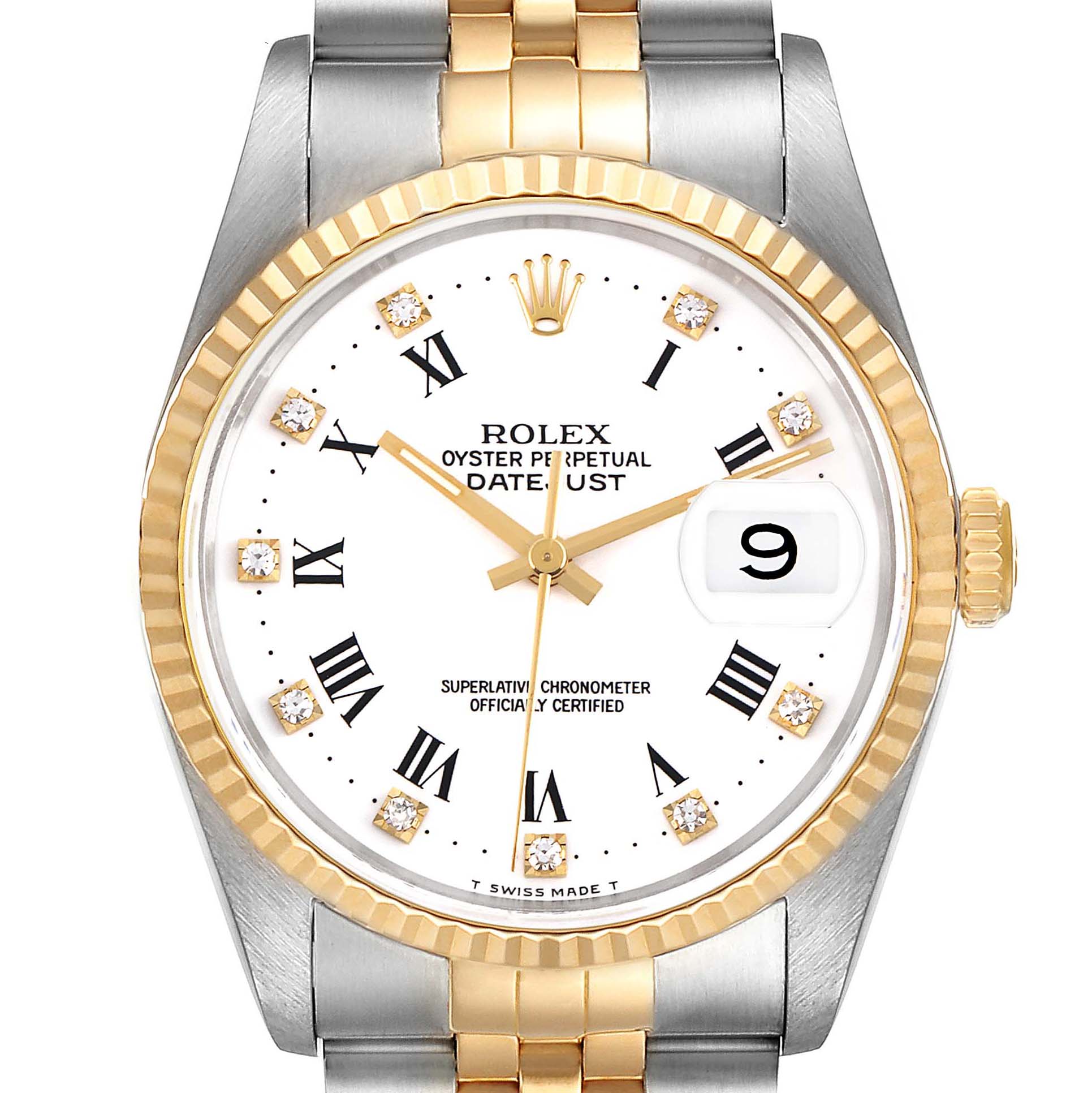 This image shows a Rolex Datejust 16233 Men's Steel and Gold (two tone) White Dial 16233 Men's Steel and Gold (two tone) White Dial watch from a direct front angle, highlighting its face, bezel, and bracelet.