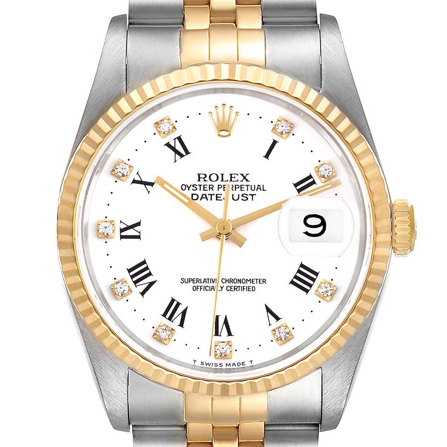 This image shows a Rolex Datejust watch from a direct front angle, highlighting its face, bezel, and bracelet.