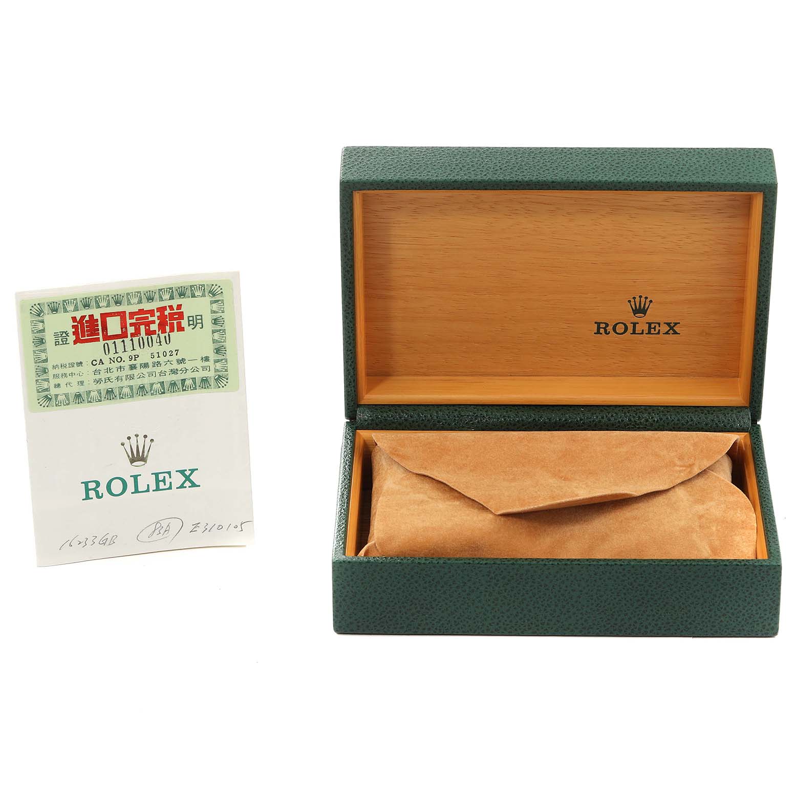 The image shows a Rolex Datejust 16233 Men's Steel and Gold (two tone) White Dial 16233 Men's Steel and Gold (two tone) White Dial watch box and authenticity card from a front angle.