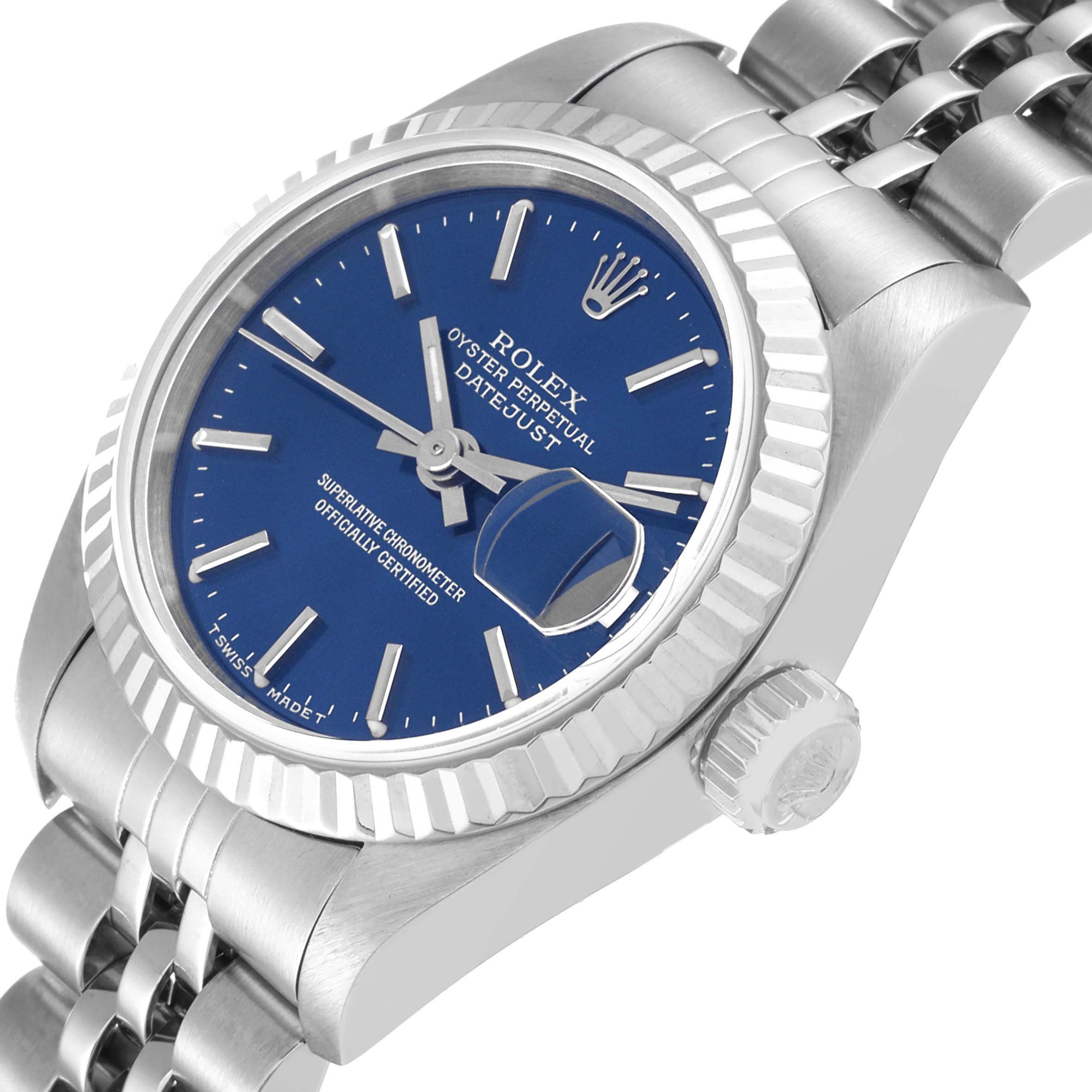 The image shows a Rolex Datejust 69174 Women's Stainless Steel Blue Dial 69174 Women's Stainless Steel Blue Dial watch from an angled close-up, highlighting the dial, case, and a portion of the bracelet.
