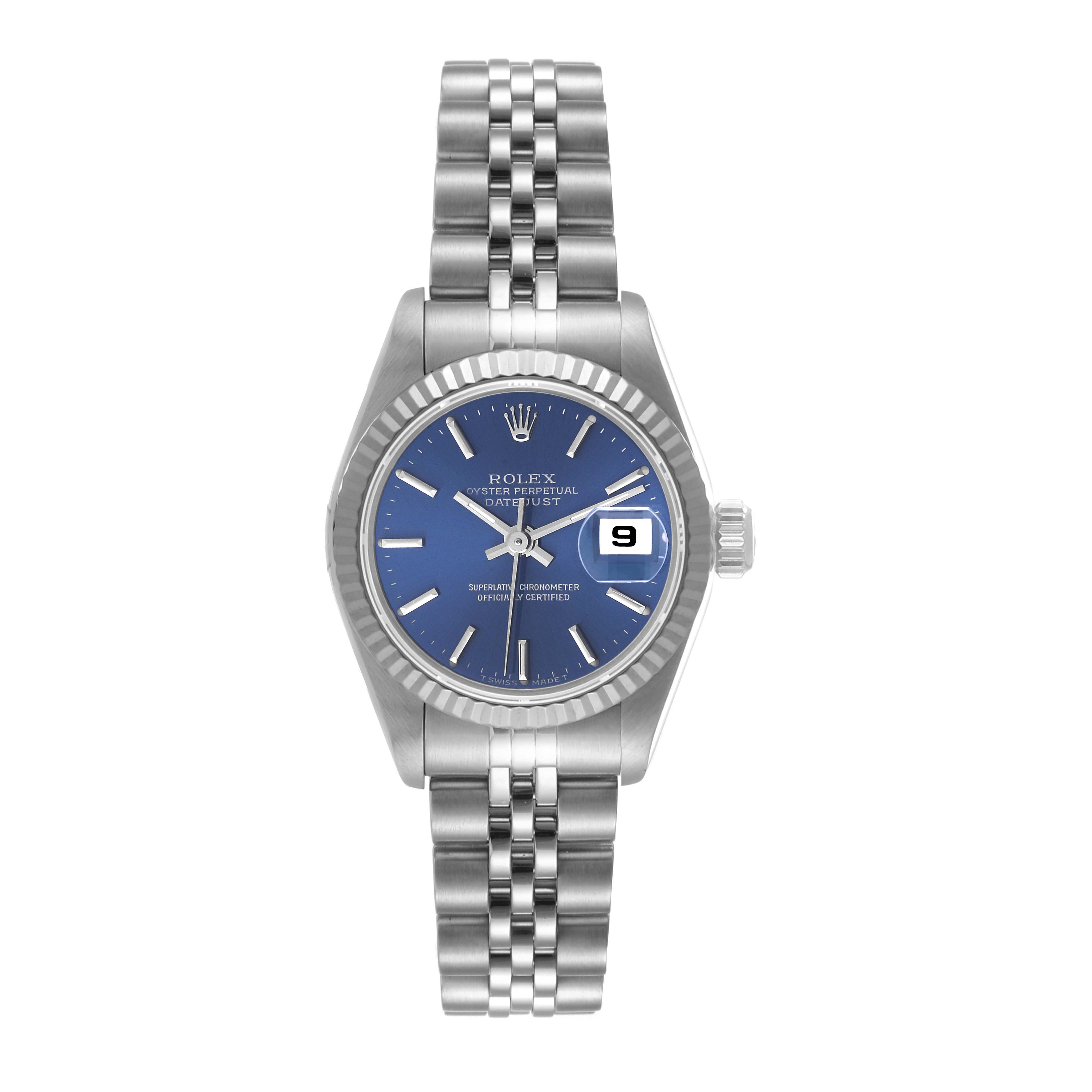 The image shows a Rolex Datejust 69174 Women's Stainless Steel Blue Dial 69174 Women's Stainless Steel Blue Dial watch from a front angle, highlighting the face, bezel, and bracelet.