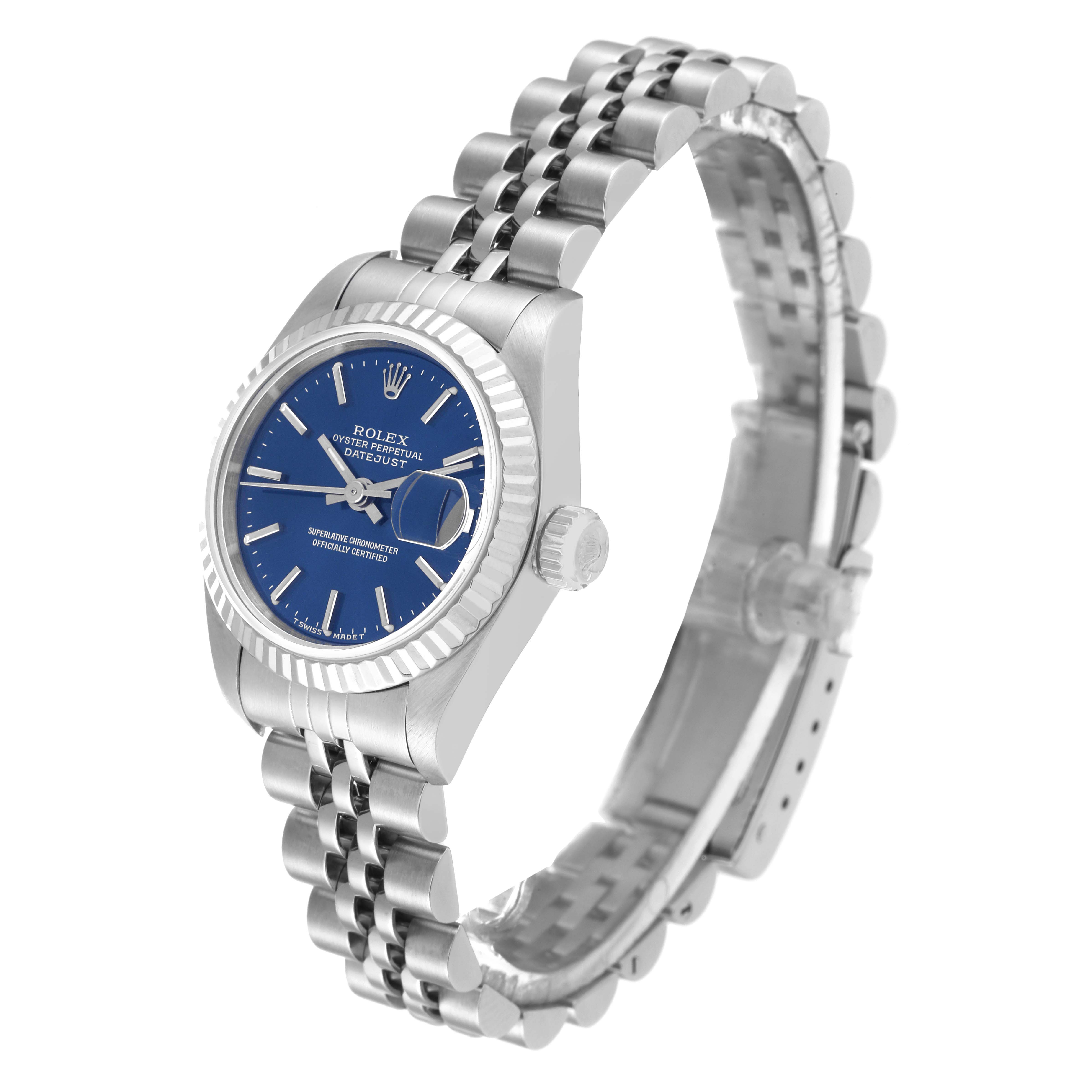 This image shows a Rolex Datejust 69174 Women's Stainless Steel Blue Dial 69174 Women's Stainless Steel Blue Dial watch from a side angle, highlighting the face, bezel, crown, and bracelet.