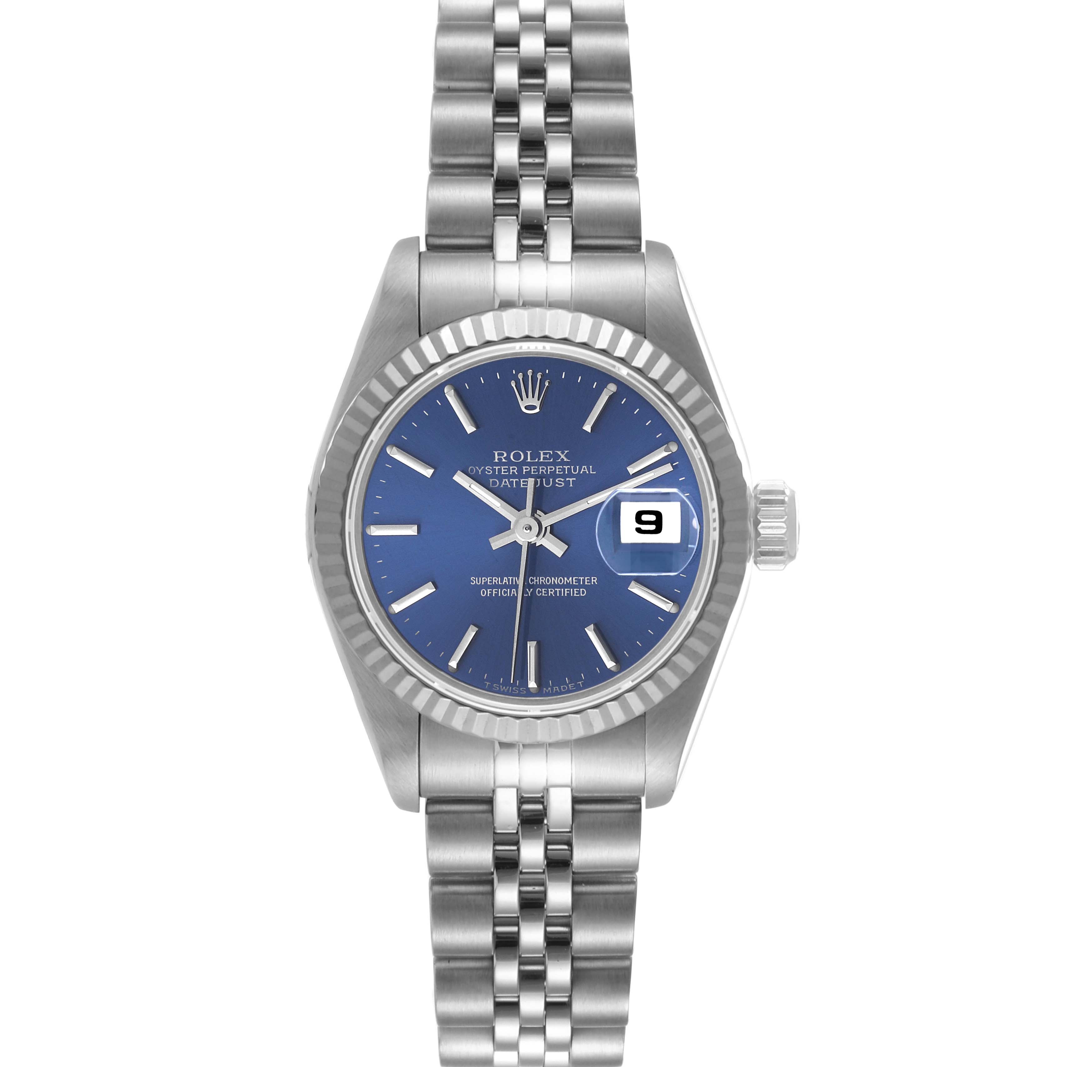 This image shows a front view of the Rolex Datejust 69174 Women's Stainless Steel Blue Dial 69174 Women's Stainless Steel Blue Dial watch, featuring a blue dial, date window, and stainless steel bracelet.