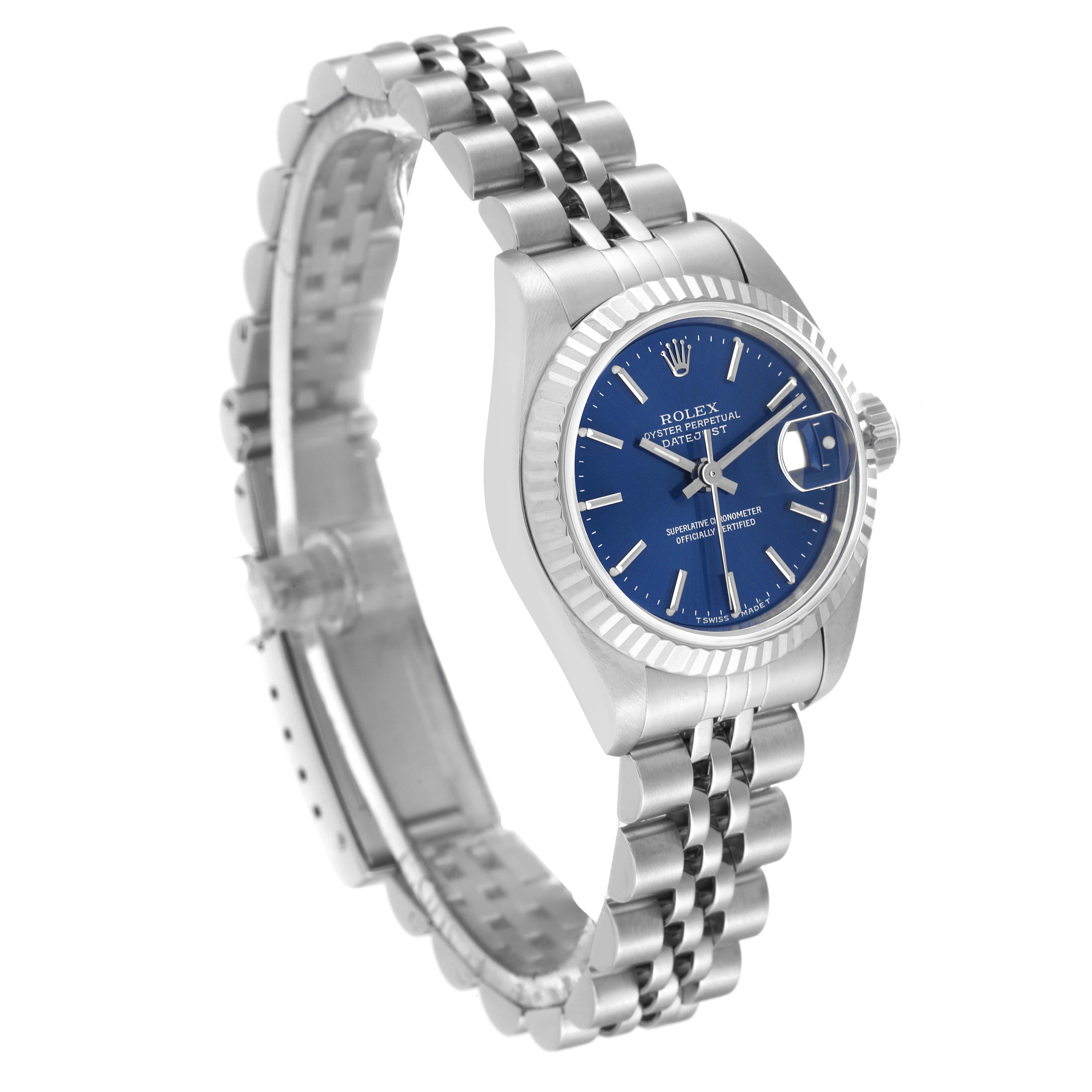 The image shows a Rolex Datejust 69174 Women's Stainless Steel Blue Dial 69174 Women's Stainless Steel Blue Dial watch from a slight side angle, highlighting its blue dial, stainless steel case, and jubilee bracelet.