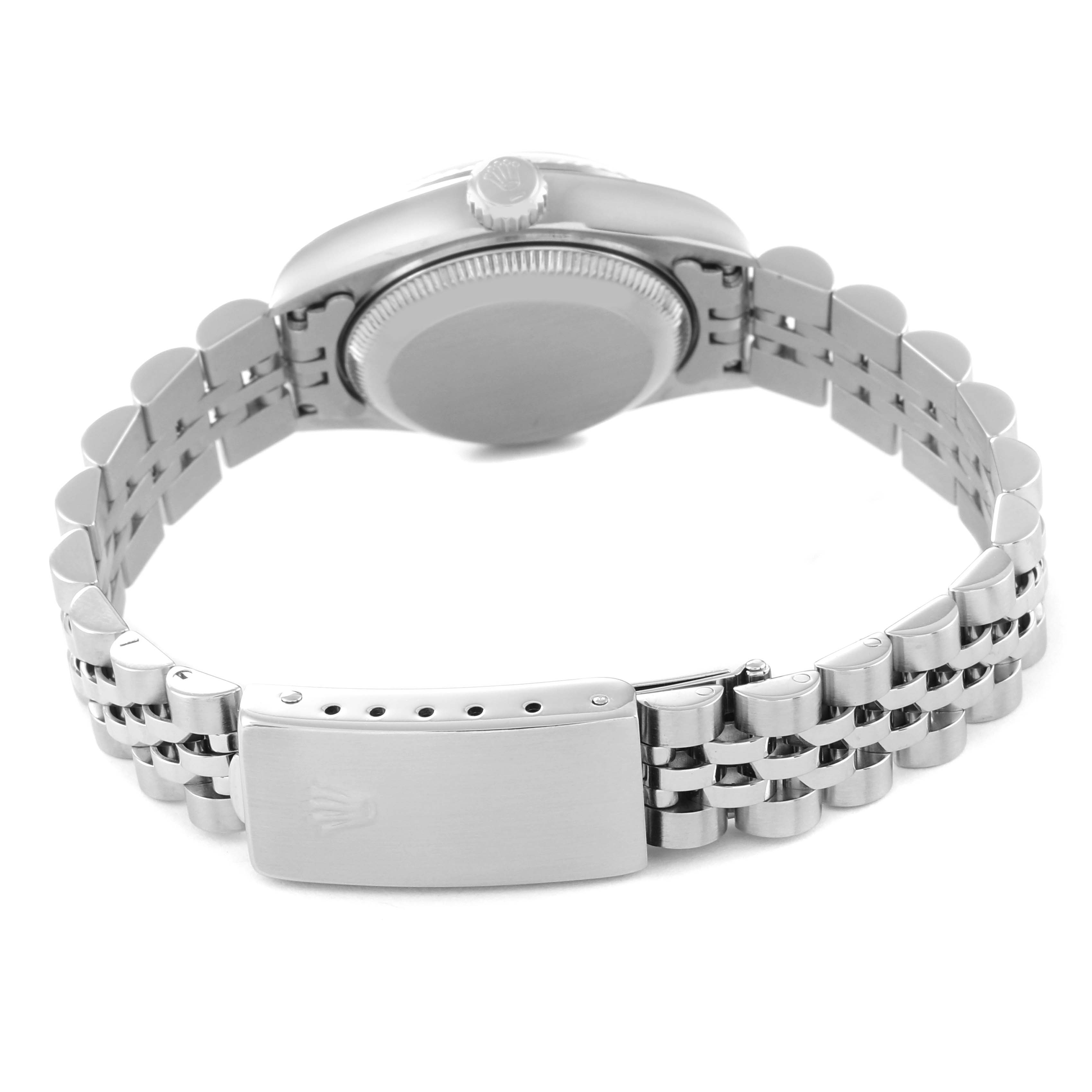 This image shows the back view of a Rolex Datejust 69174 Women's Stainless Steel Blue Dial 69174 Women's Stainless Steel Blue Dial watch, displaying its case, crown, and Jubilee bracelet with clasp.