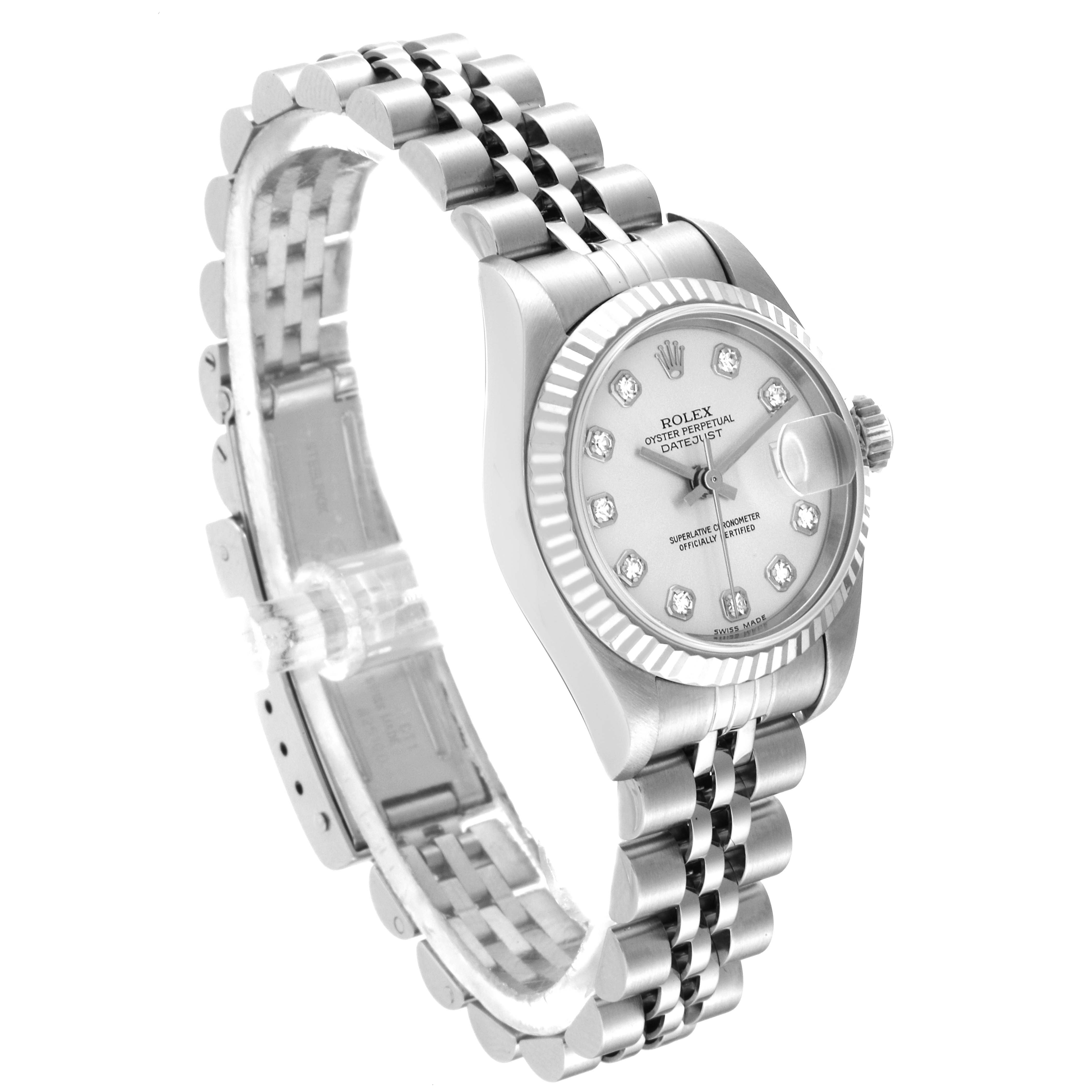 This image shows a side angle view of the Rolex Datejust 79174 Women's Stainless Steel Silver Dial 79174 Women's Stainless Steel Silver Dial watch, displaying the dial, fluted bezel, and Jubilee bracelet.