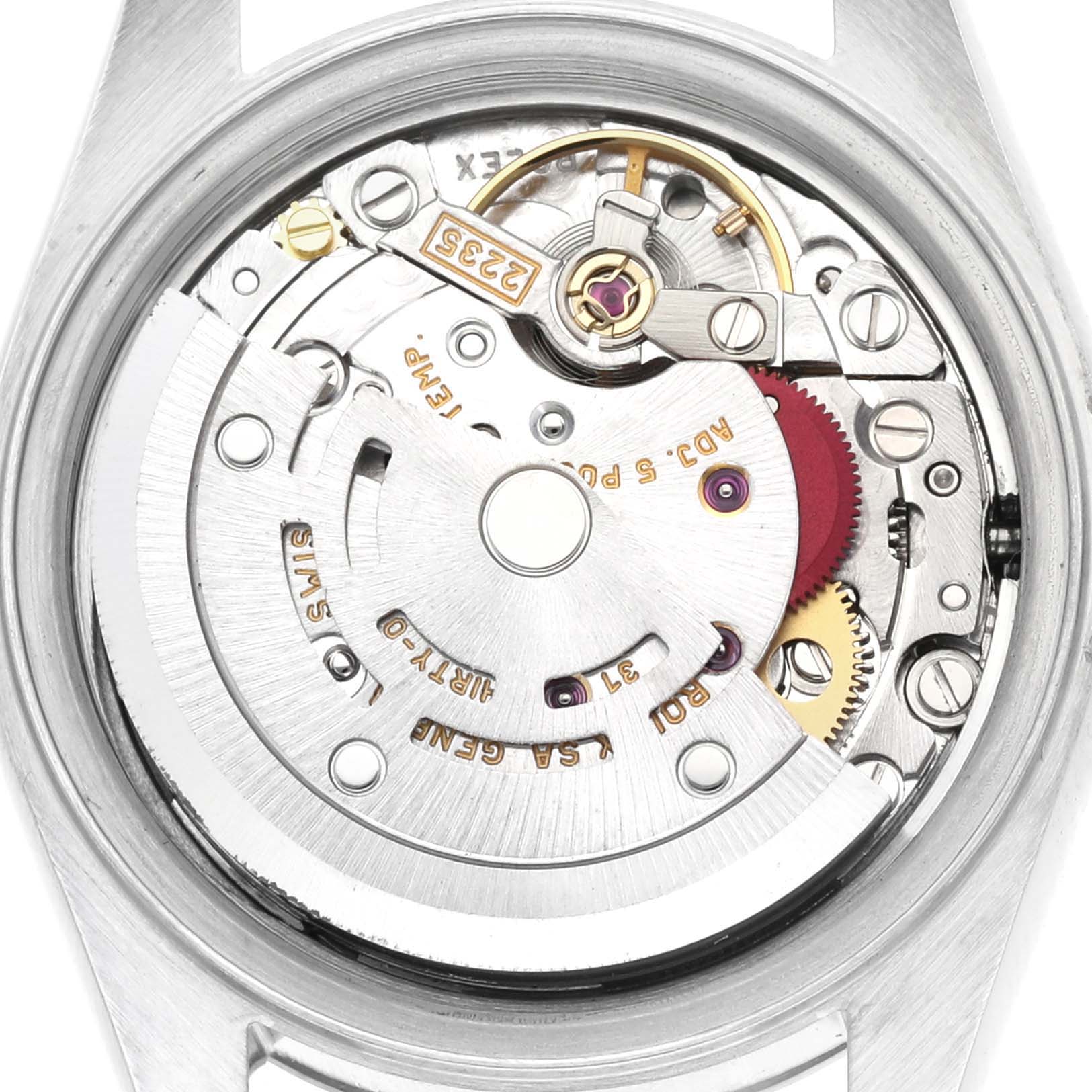 This is an image of the internal mechanism of a Rolex Datejust 79174 Women's Stainless Steel Silver Dial 79174 Women's Stainless Steel Silver Dial watch, shown from the back angle with the case removed.