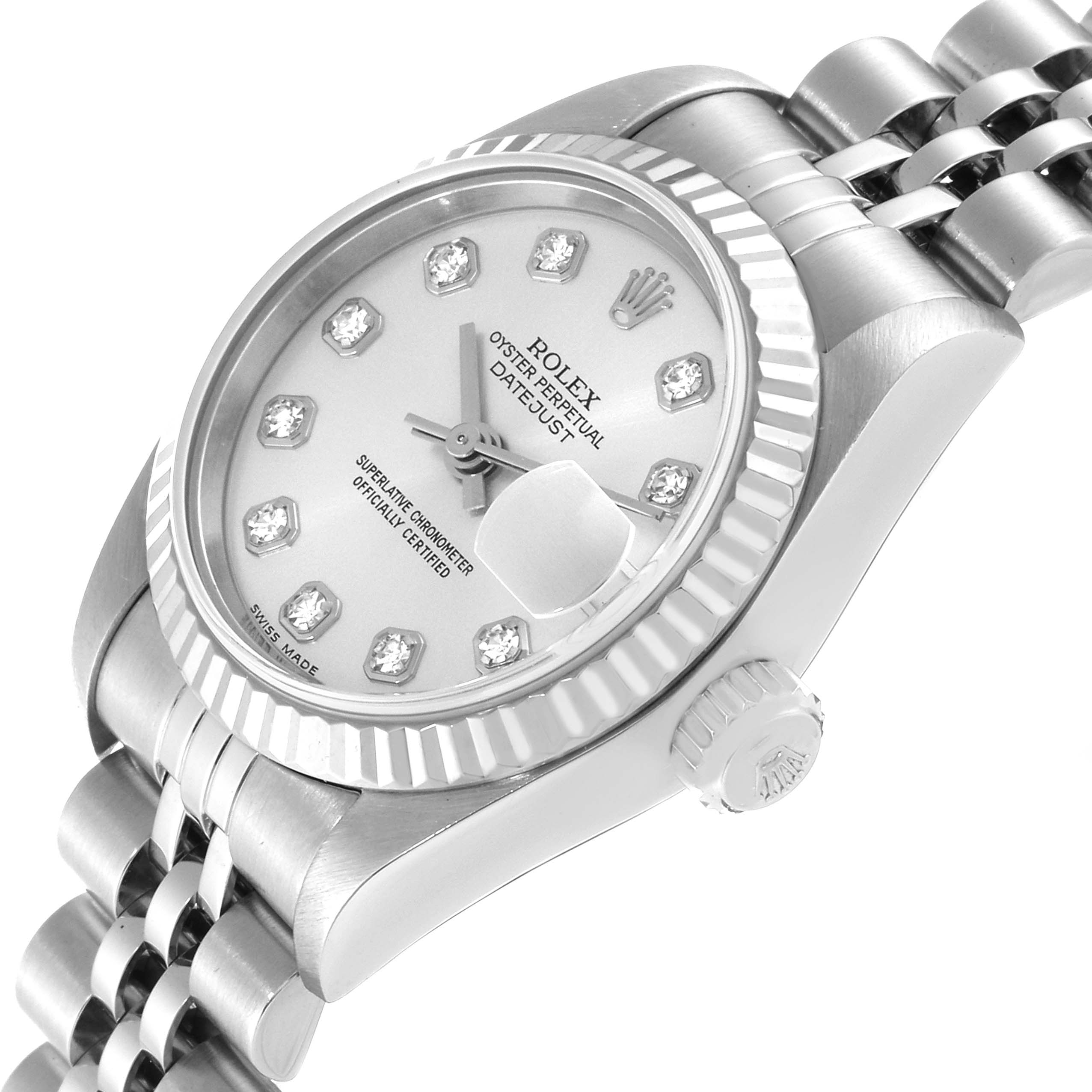 This image shows a close-up angle of the Rolex Datejust 79174 Women's Stainless Steel Silver Dial 79174 Women's Stainless Steel Silver Dial watch, highlighting the dial, crown, and part of the bracelet.