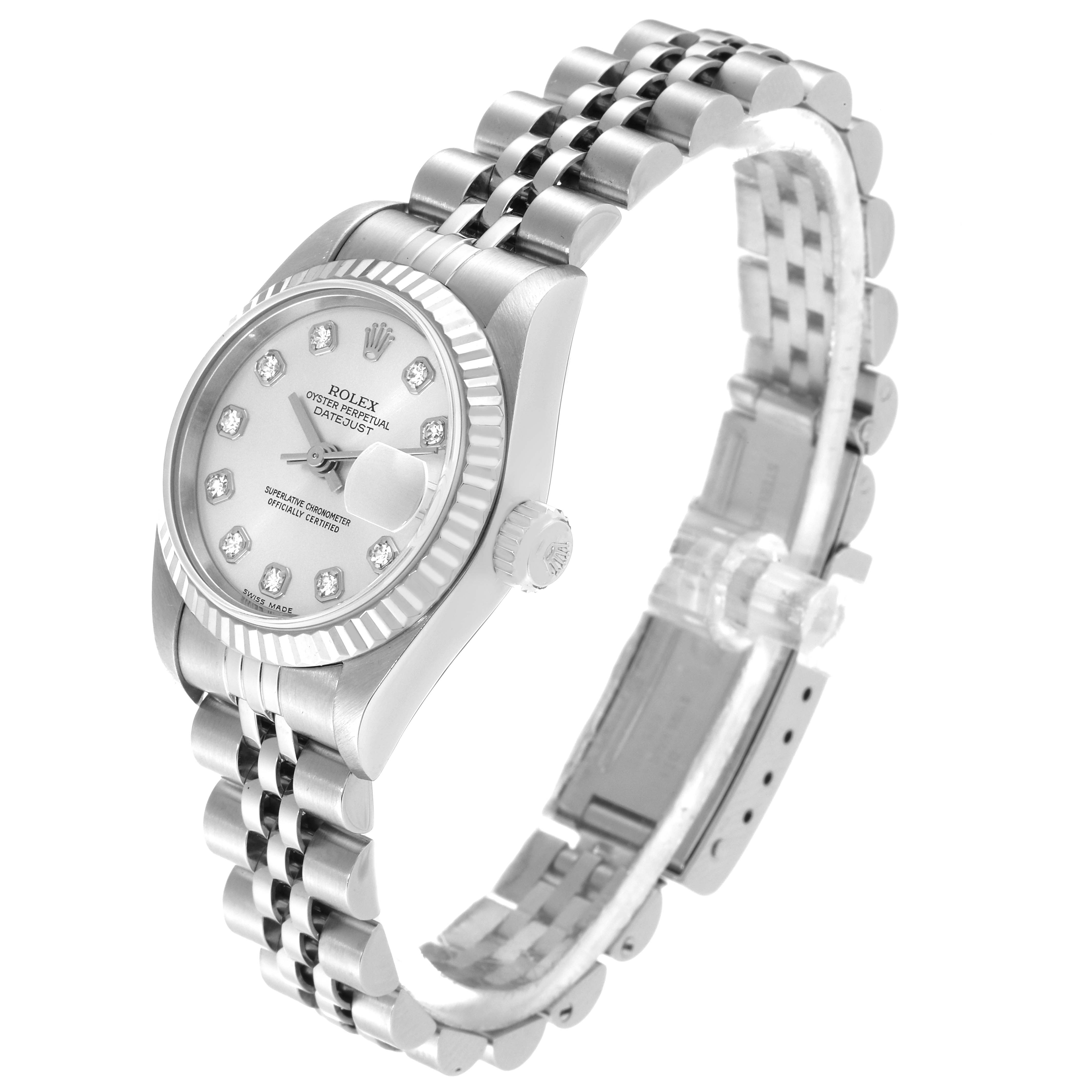 The Rolex Datejust 79174 Women's Stainless Steel Silver Dial 79174 Women's Stainless Steel Silver Dial watch is shown at a three-quarter angle, highlighting the dial, bezel, crown, and bracelet.