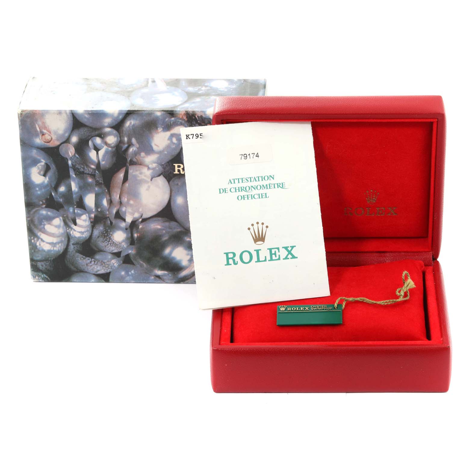 The image shows the packaging, a booklet, and a tag for the Rolex Datejust 79174 Women's Stainless Steel Silver Dial 79174 Women's Stainless Steel Silver Dial model watch.