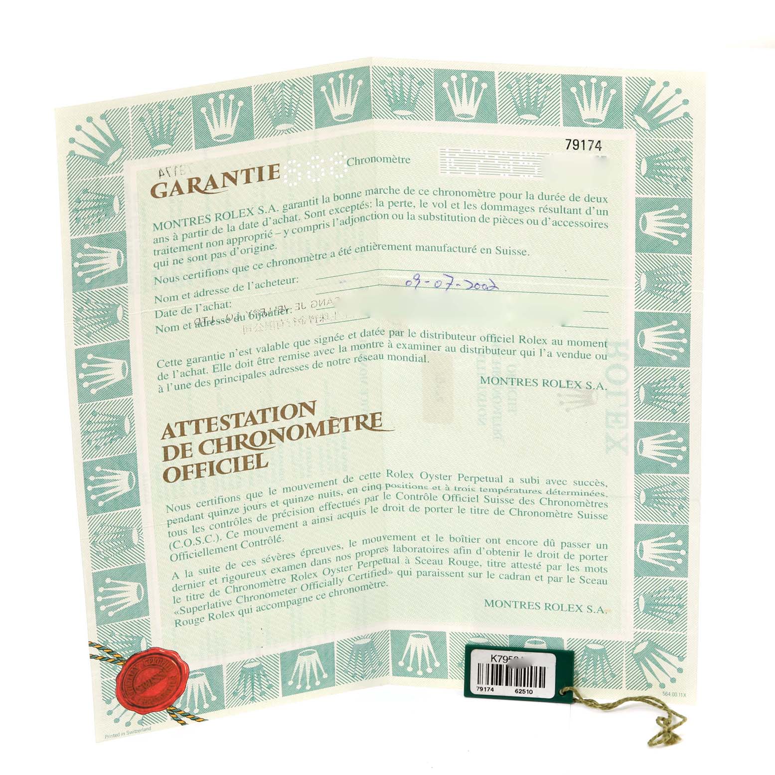 The image shows the warranty certificate for a Rolex Datejust 79174 Women's Stainless Steel Silver Dial 79174 Women's Stainless Steel Silver Dial model, featuring the official chronometer certification.