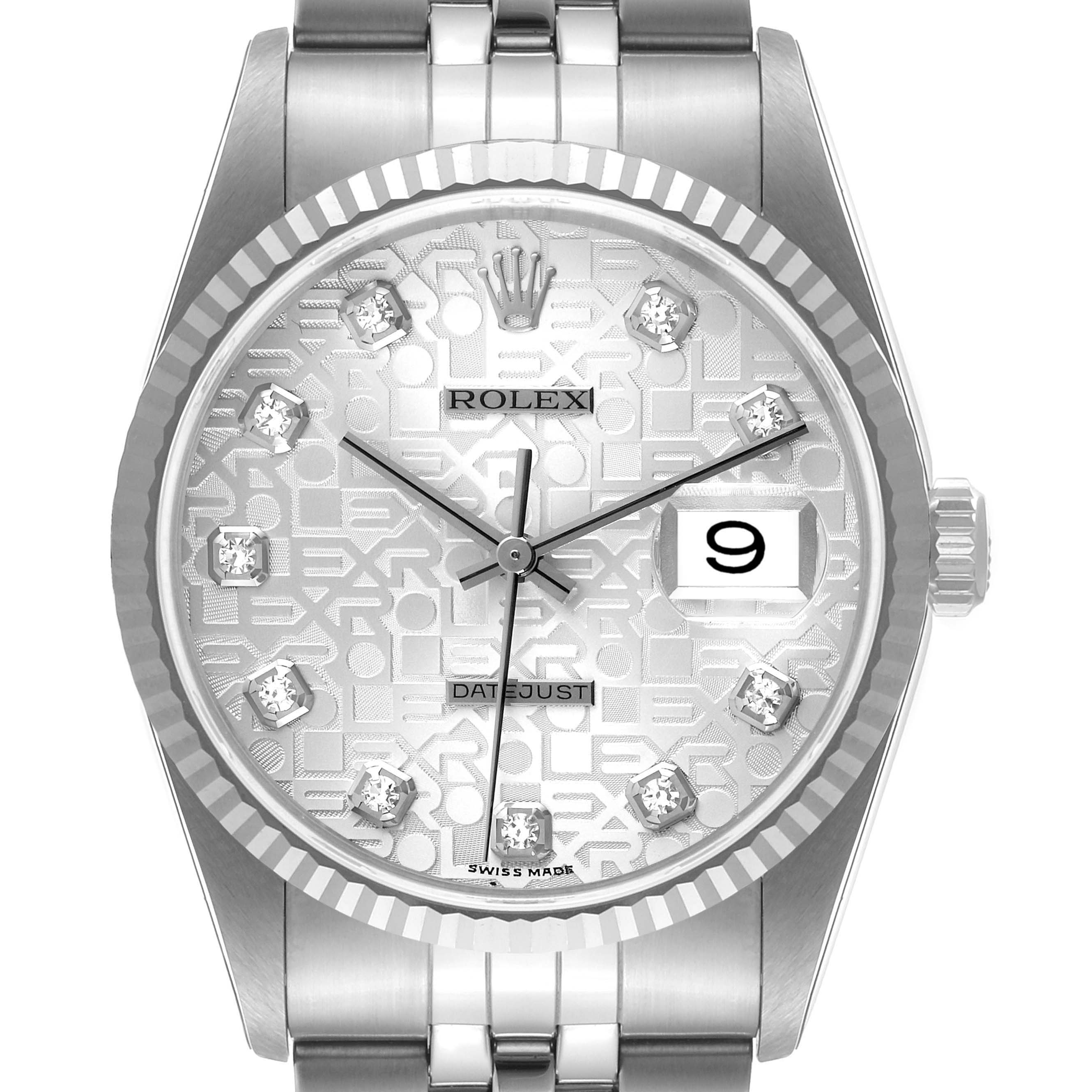 The image shows a close-up front view of a Rolex Datejust 16234 Men's Stainless Steel Silver Dial 16234 Men's Stainless Steel Silver Dial watch, highlighting its face, bezel, and part of the bracelet.