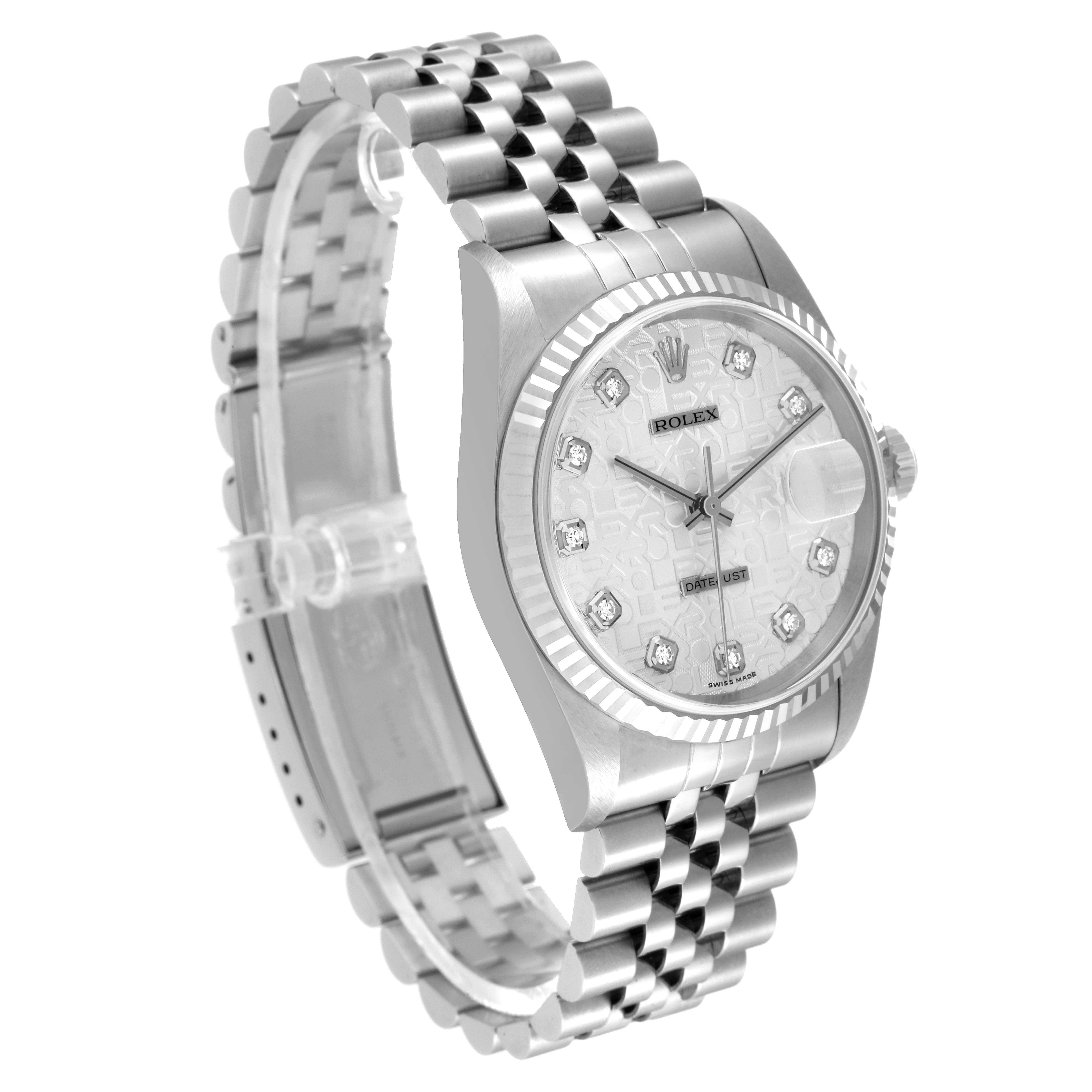 The image shows a Rolex Datejust 16234 Men's Stainless Steel Silver Dial 16234 Men's Stainless Steel Silver Dial watch at a three-quarter angle, highlighting its dial, bezel, and bracelet.