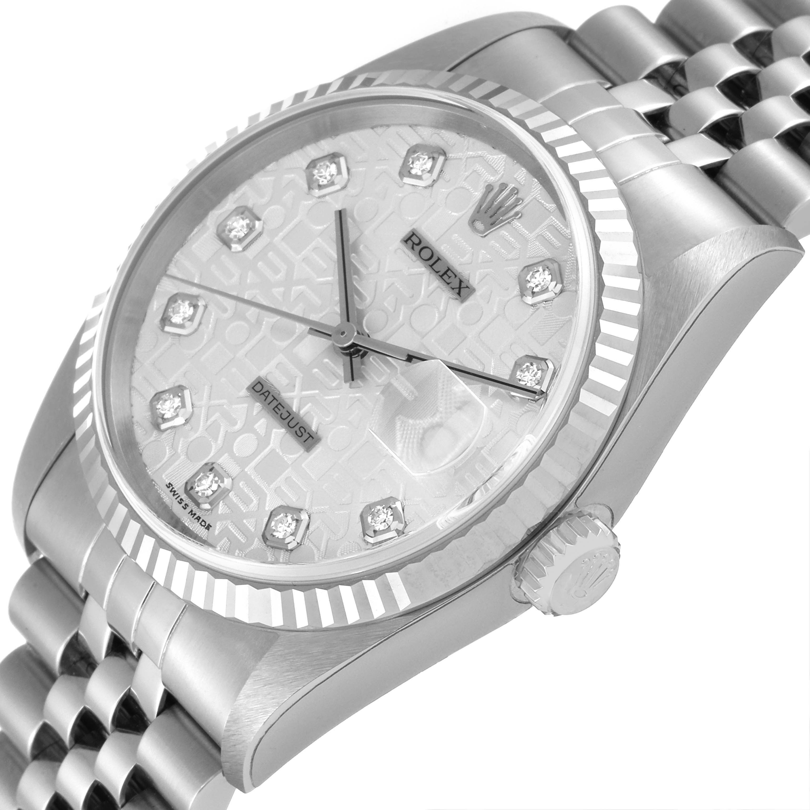 The image shows the face, bezel, crown, and part of the bracelet of a Rolex Datejust 16234 Men's Stainless Steel Silver Dial 16234 Men's Stainless Steel Silver Dial watch from an angled top view.