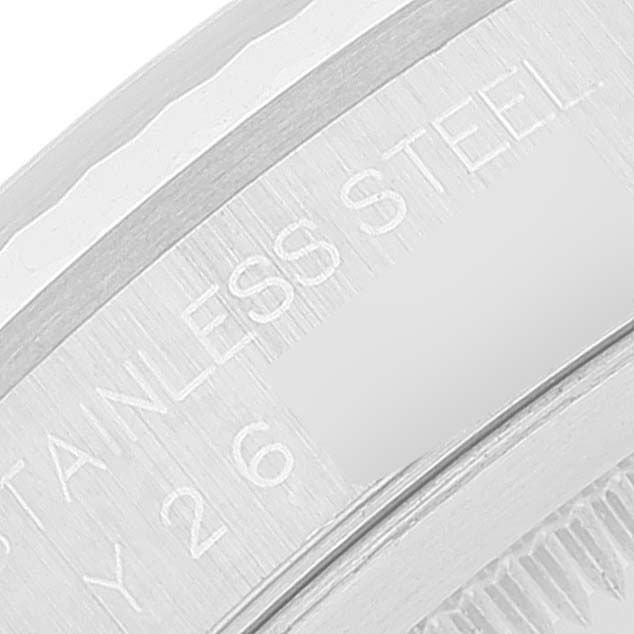 The image shows a close-up of the stainless steel inscription on a Rolex Datejust 16234 Men's Stainless Steel Silver Dial 16234 Men's Stainless Steel Silver Dial watch case.
