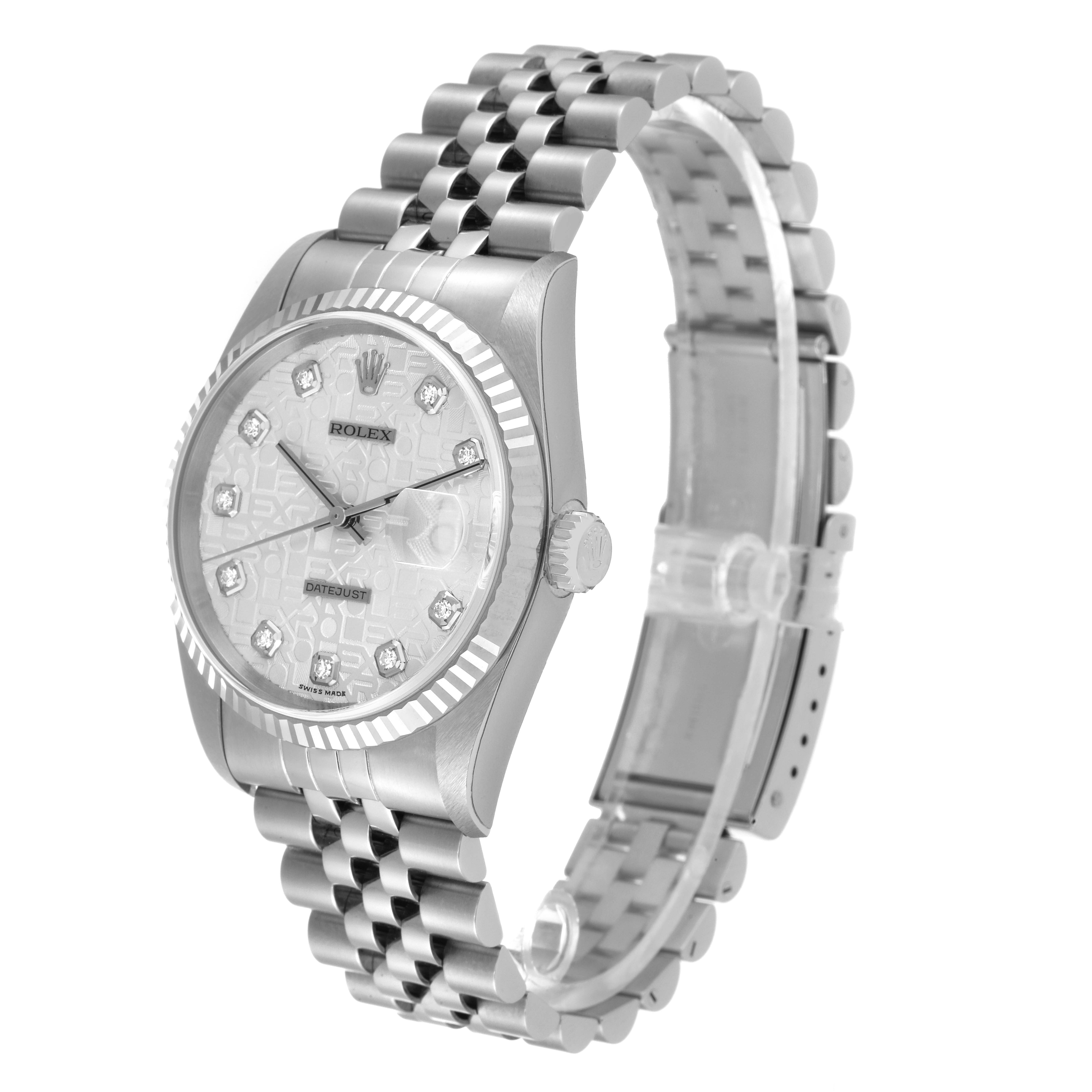 This image shows a Rolex Datejust 16234 Men's Stainless Steel Silver Dial 16234 Men's Stainless Steel Silver Dial watch at a three-quarter angle, highlighting the face, bezel, crown, and bracelet.