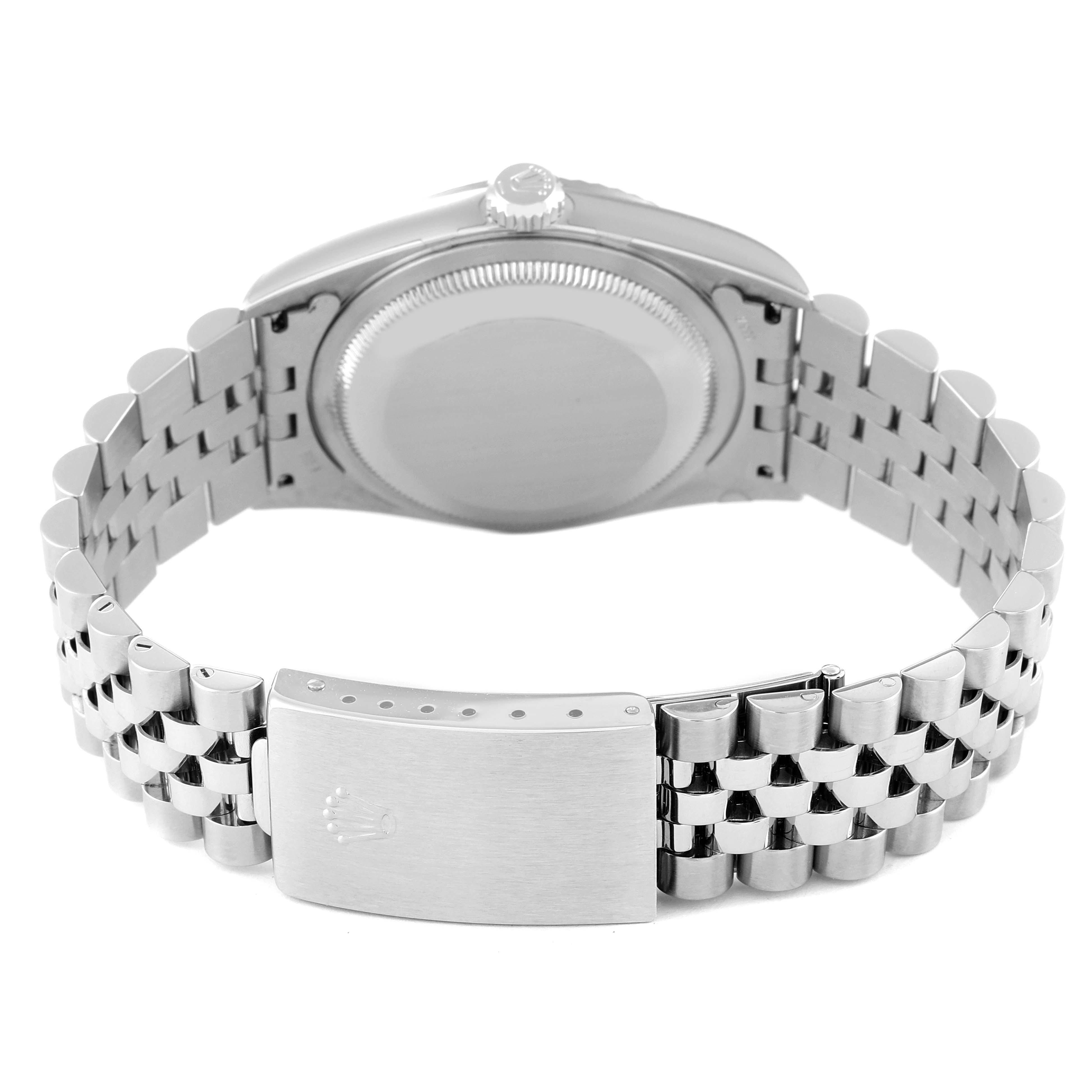 The image shows the back view of the Rolex Datejust 16234 Men's Stainless Steel Silver Dial 16234 Men's Stainless Steel Silver Dial watch focusing on its case back and Jubilee bracelet.