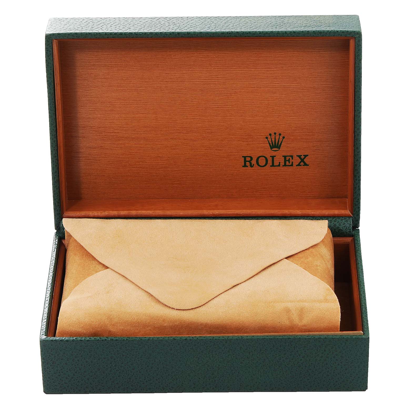 The image shows a Rolex Datejust 16234 Men's Stainless Steel Silver Dial 16234 Men's Stainless Steel Silver Dial box, open to reveal a suede pouch inside.