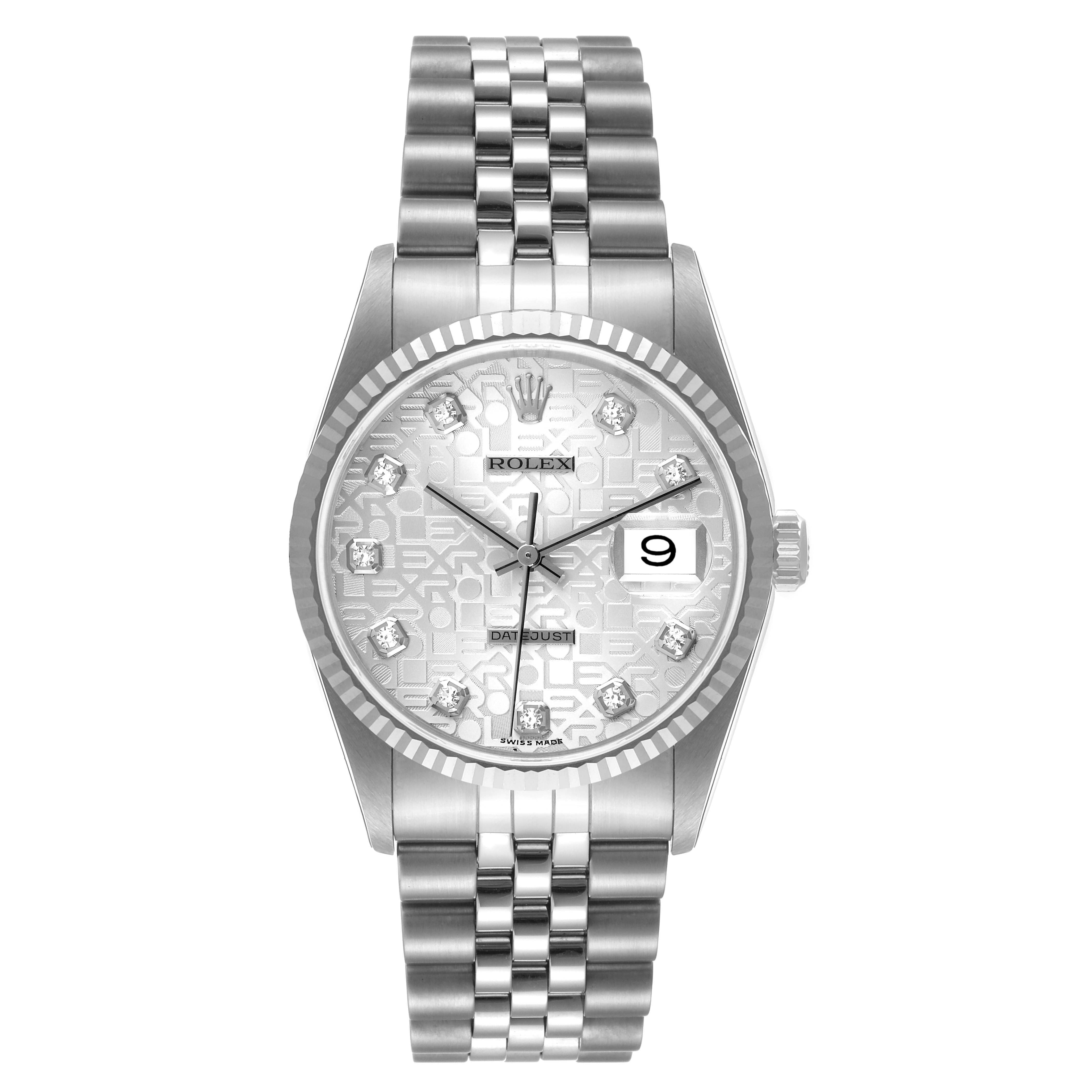 The image shows a front view of a Rolex Datejust 16234 Men's Stainless Steel Silver Dial 16234 Men's Stainless Steel Silver Dial watch, highlighting its dial, bezel, bracelet, and date display.