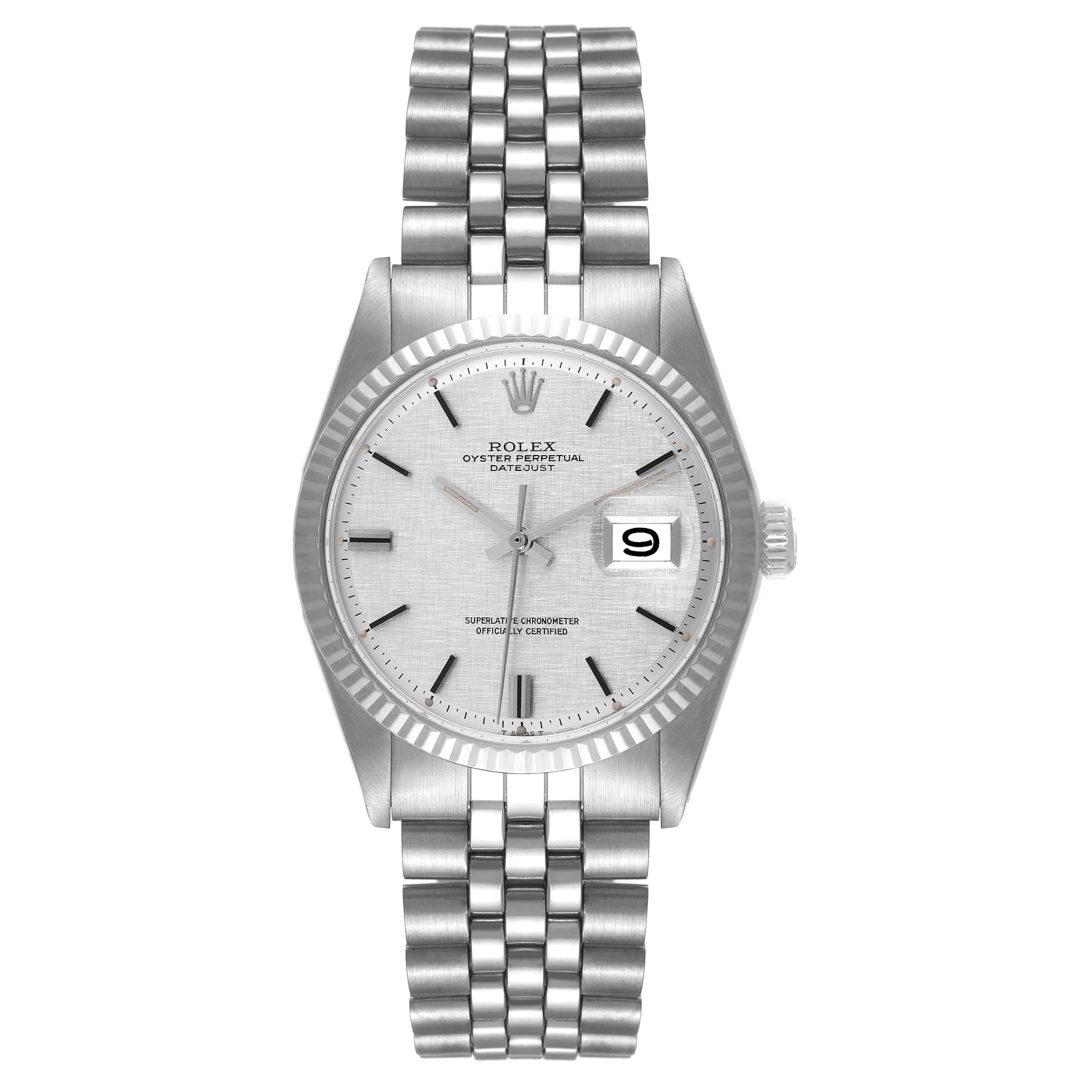 The image shows a Rolex Vintage Collection 1601 Men
s Stainless Steel Silver Dial 1601 Men
s Stainless Steel Silver Dial model watch from a front angle, highlighting the face, bezel, hands, crown, and bracelet.