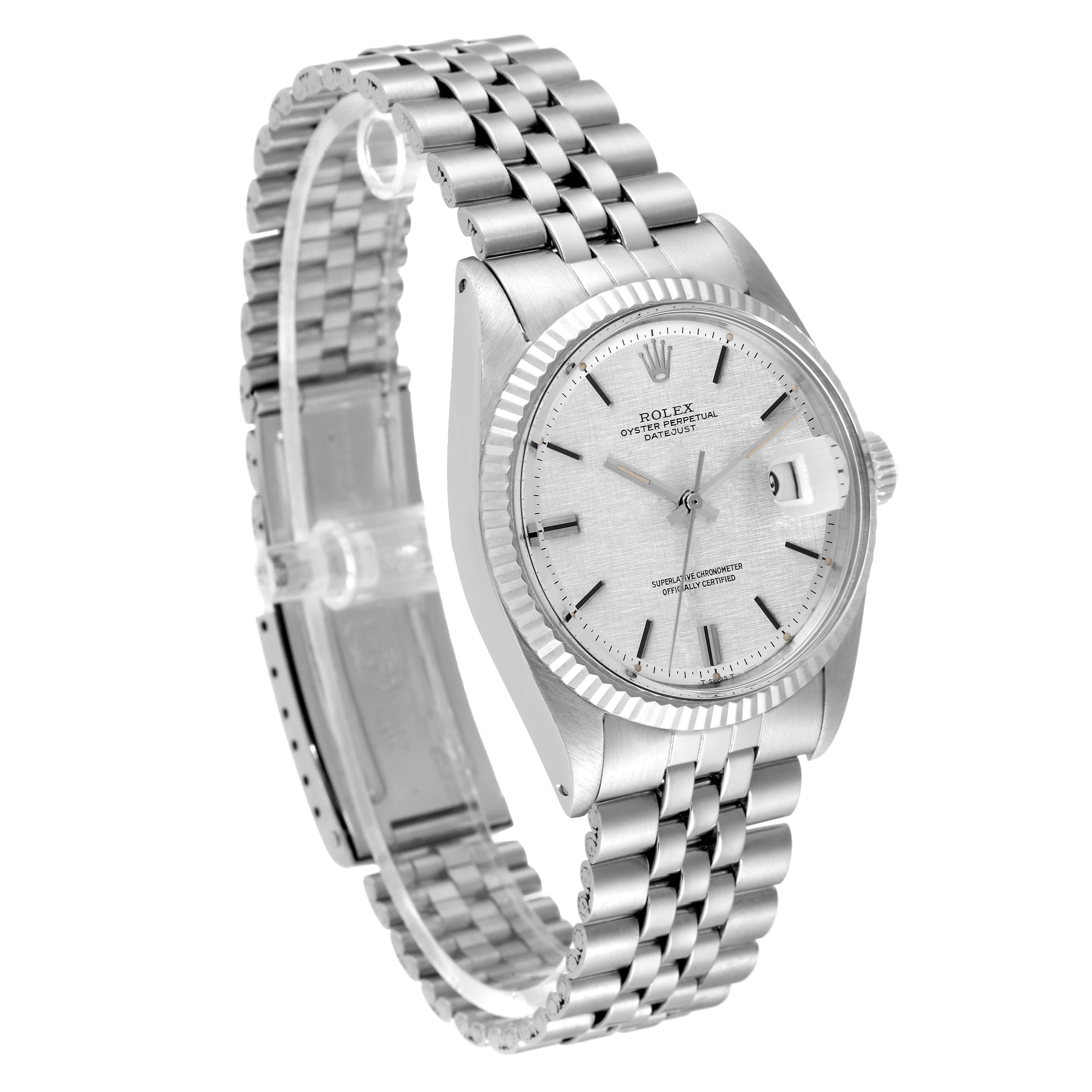 This image shows the Rolex Vintage Collection 1601 Men
s Stainless Steel Silver Dial 1601 Men
s Stainless Steel Silver Dial model watch at a 3/4 angle, highlighting the dial, case, and bracelet.