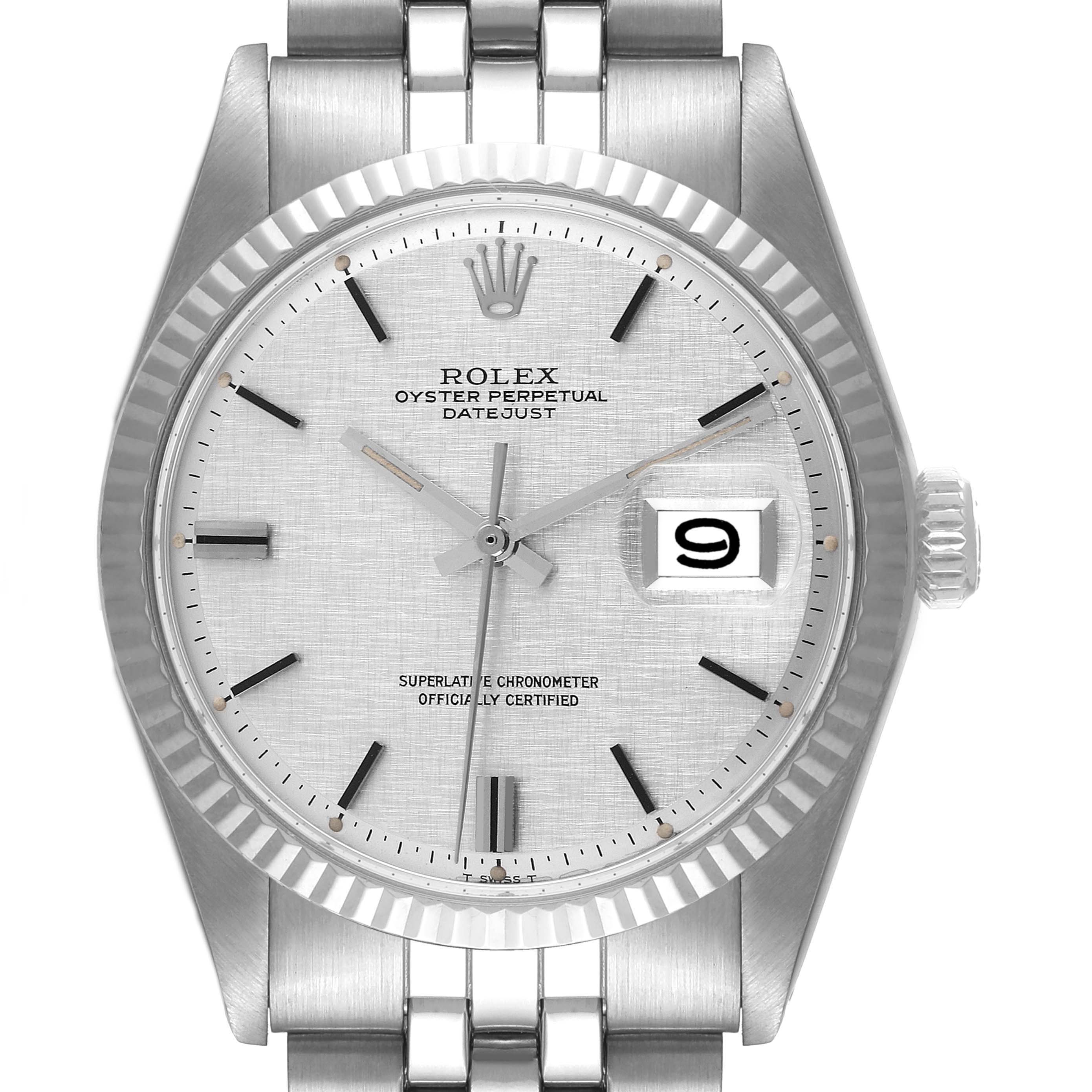 The Rolex Vintage Collection 1601 Men
s Stainless Steel Silver Dial 1601 Men
s Stainless Steel Silver Dial model is shown from a front angle, featuring the dial, hands, bezel, date window, and part of the bracelet.