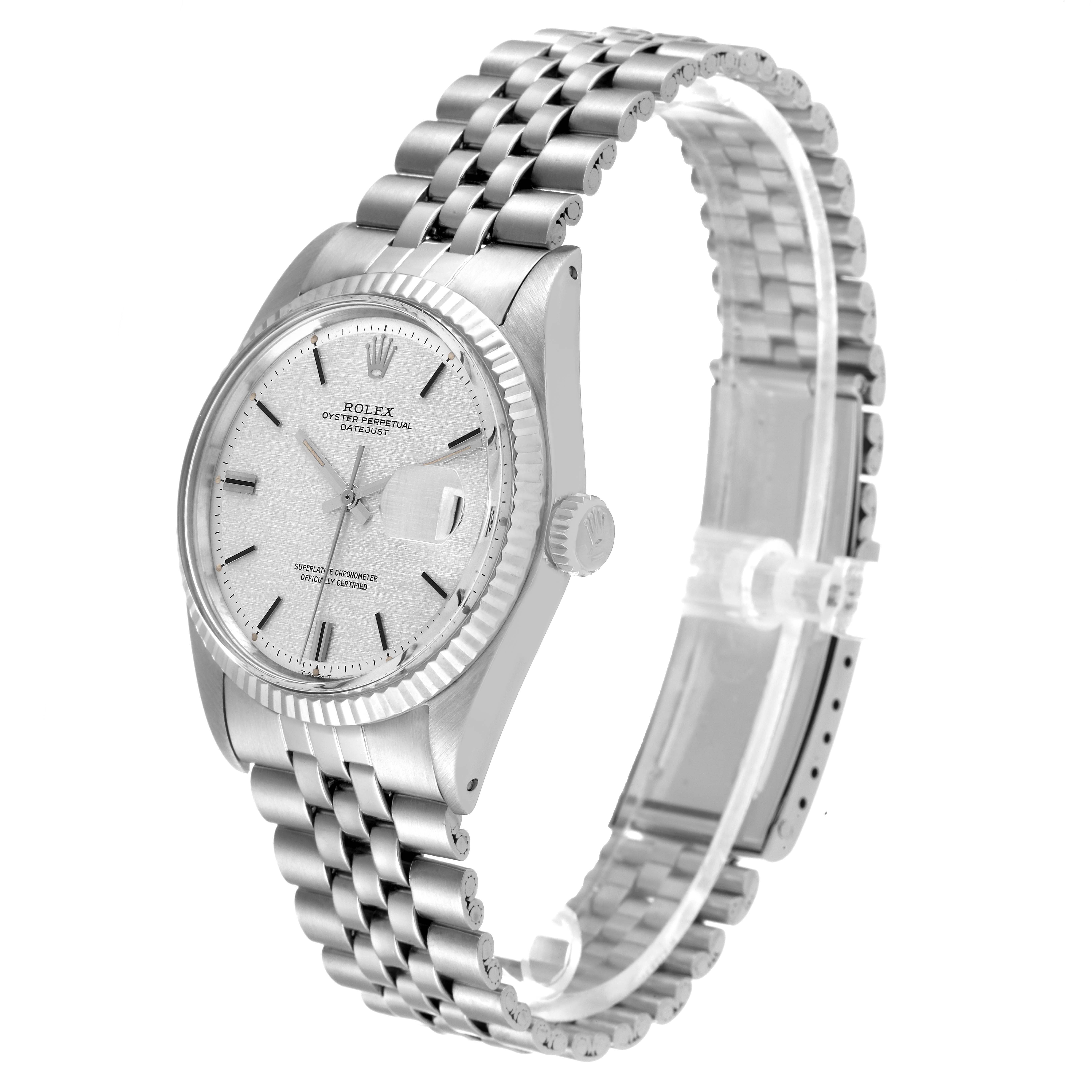 The image shows a side and front angle of a Rolex Vintage Collection 1601 Men
s Stainless Steel Silver Dial 1601 Men
s Stainless Steel Silver Dial watch, displaying its face, dial, crown, and metal bracelet.