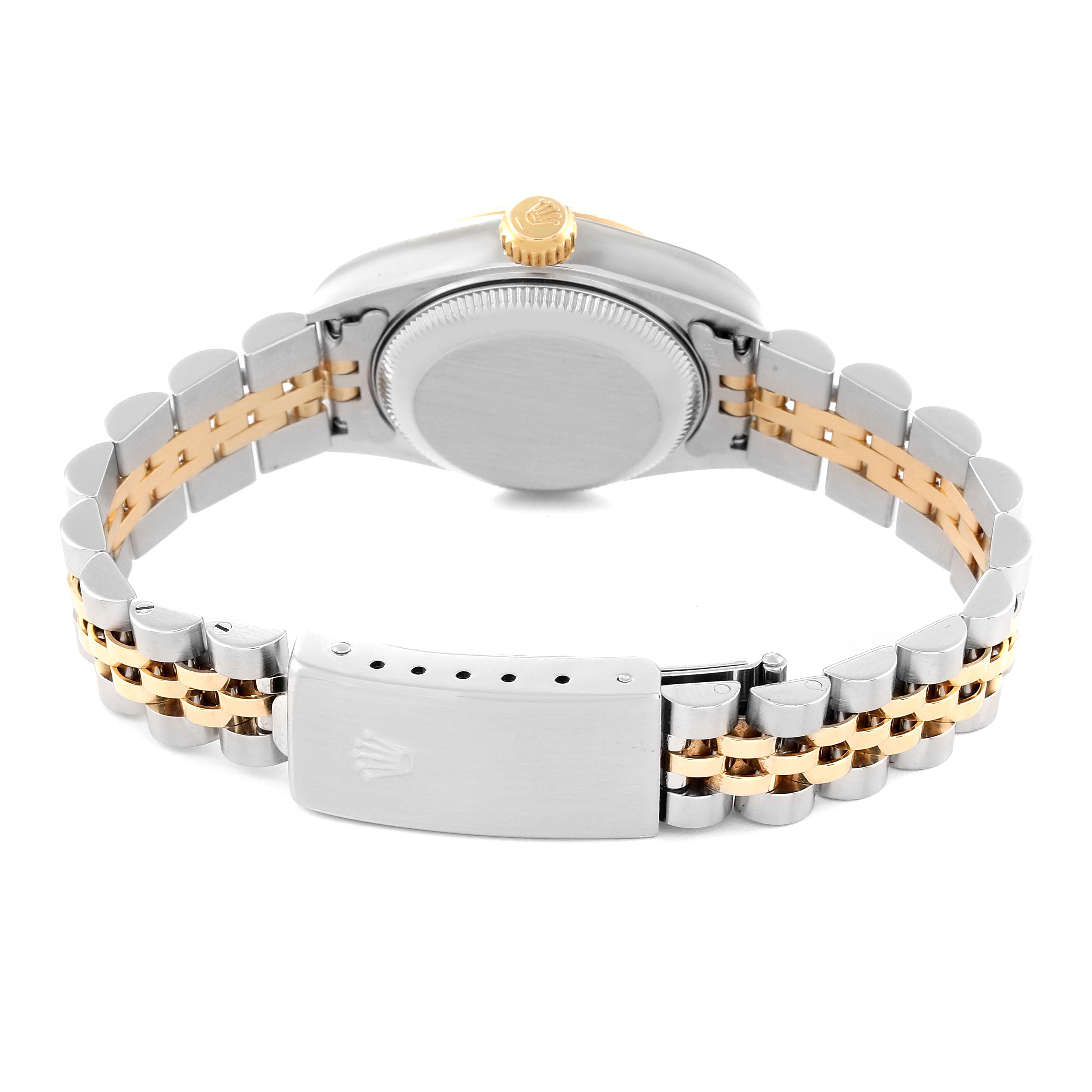 The image shows the back of a Rolex Datejust 79173 Women's Steel and Gold (two tone) Black Dial 79173 Women's Steel and Gold (two tone) Black Dial watch with a two-tone bracelet and a closed clasp.