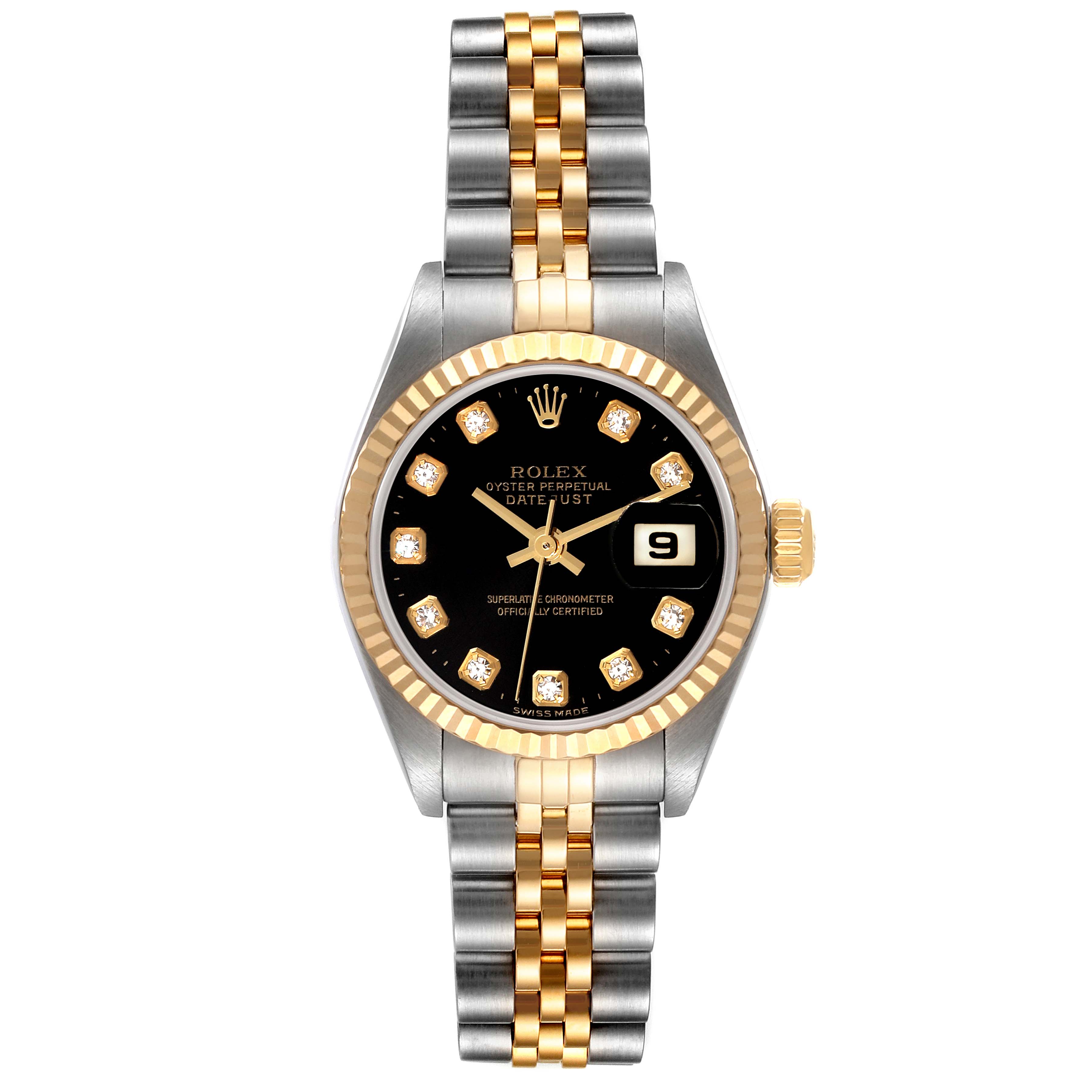 This Rolex Datejust 79173 Women's Steel and Gold (two tone) Black Dial 79173 Women's Steel and Gold (two tone) Black Dial watch is shown from the front, displaying the face, bezel, crown, and bracelet.