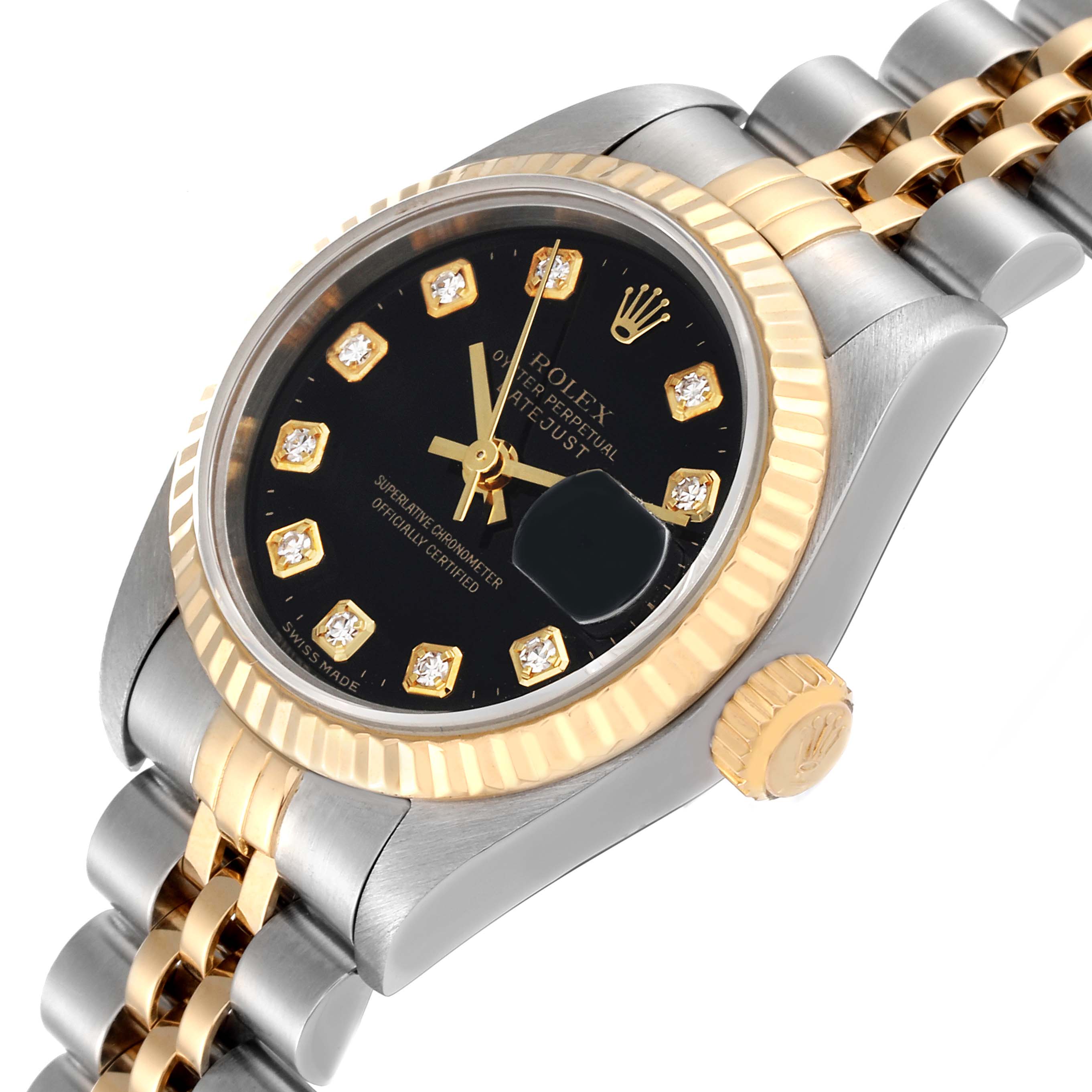 This image showcases a Rolex Datejust 79173 Women's Steel and Gold (two tone) Black Dial 79173 Women's Steel and Gold (two tone) Black Dial model watch at a slight angle, highlighting its face, bezel, crown, and part of the bracelet.